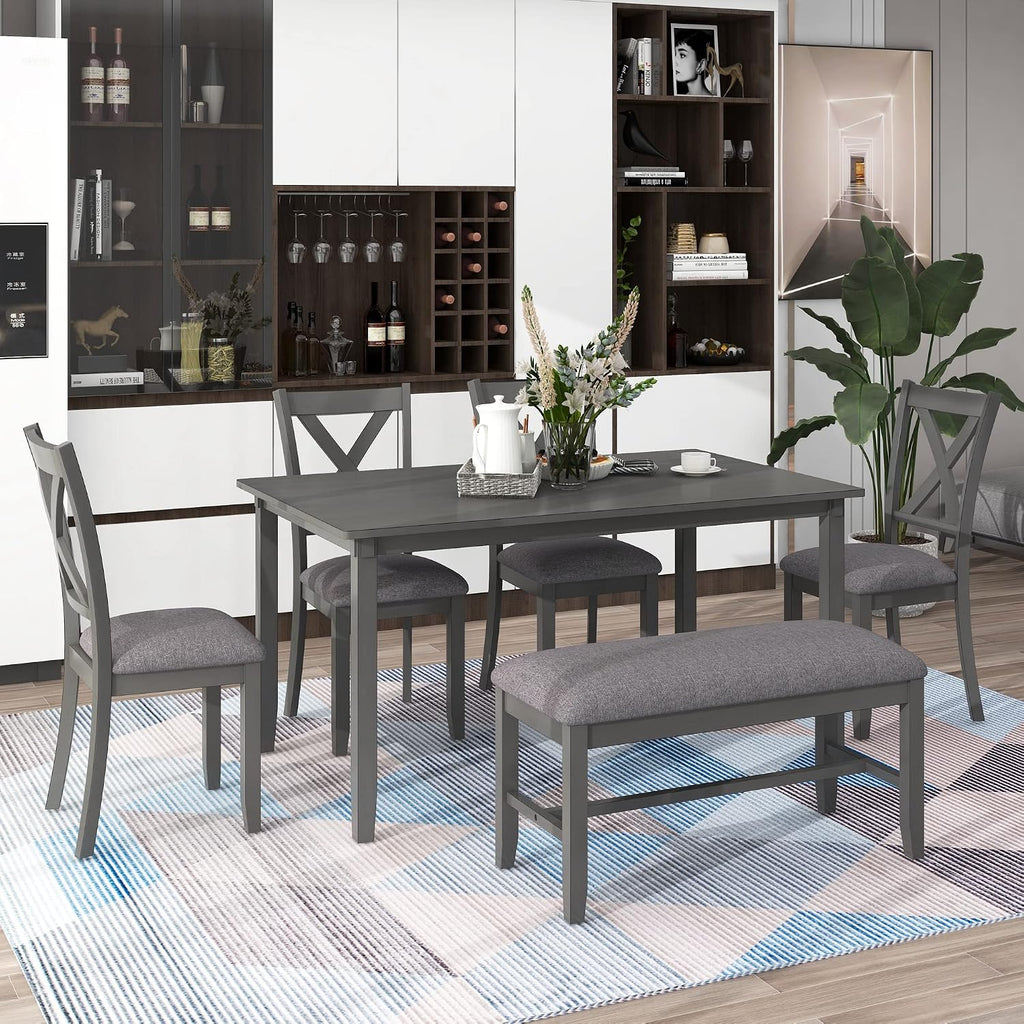 6-Piece Dining Room Table Set, Rustic Farmhouse Wood Dining Table Set with Rectangular Table 4 Upholstered Padded Chairs and 1 Padded Bench, Dining Set for Family of 4-6 People (Grey)