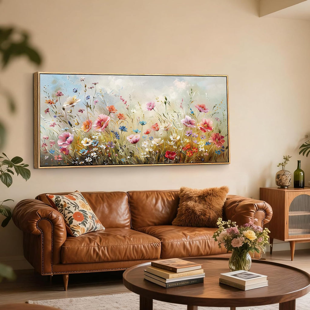 crmotu Floral Wall Art, Extra Large Wall Art, Flower Wall Decor, Oversized Framed Artwork for Walls, Colorful Wildflower Art Prints, Botanical Painting for Living Room Office Dining Room Hotel 32'x71'