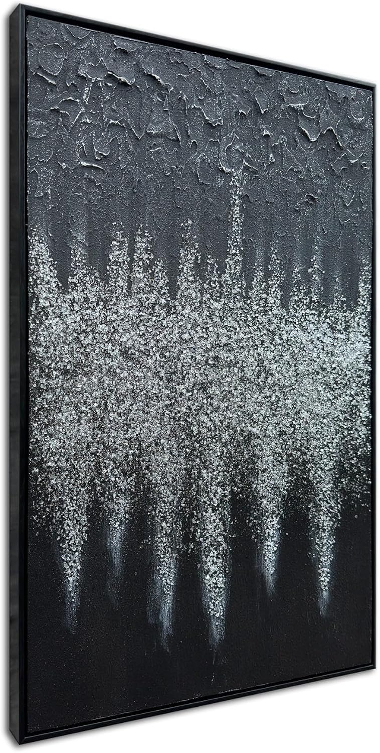 Framed Black Abstract Modern Oil Paintings, Glass Crystal Textured Wall Art, Vertical Contemporary Art, Glittery Crystal Artwork