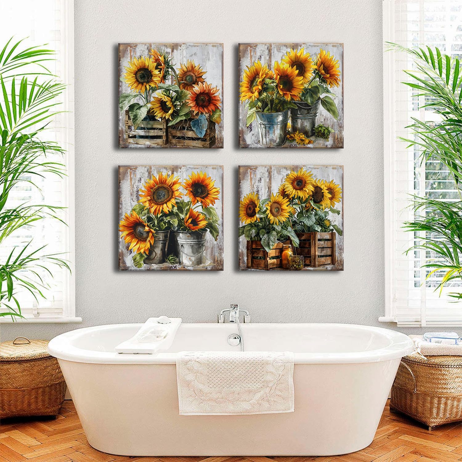 Rustic Sunflower Canvas Wall Art Farmhouse Kitchen Wall Decor Dining Room Picture Vintage Bouquet Posters Prints for Wall Paintings Sunshine Floral Artwork Autumn Home Decorations 24x24' 4Pcs/Set