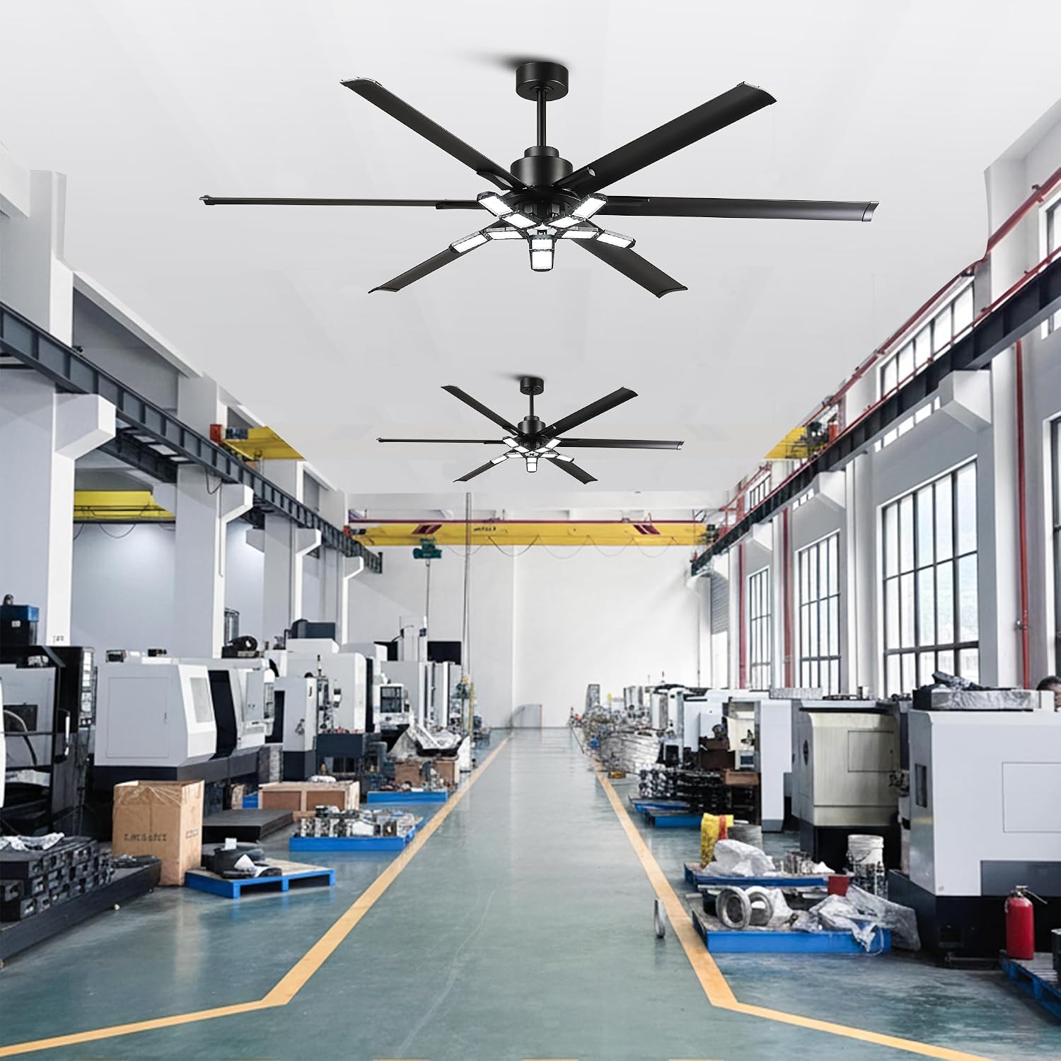 84 Inch Ceiling Fans with Lights and Remote, Industrial High CFM Ceiling Fans for Living Room Shop Garage, 6609LM Super Bright LED, 6 Aluminum Blades, Reversible Quiet DC Motor, Matte Black