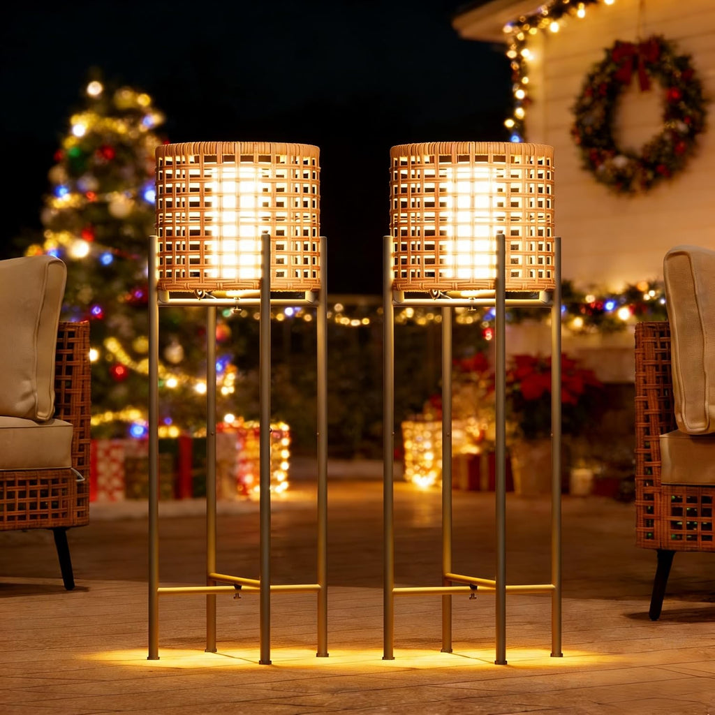 LAUSAINT HOME Solar Powered Outdoor Floor Lamp with Auto On/Off LED Light, Waterproof Wicker Patio Floor Lights, Boho Rattan Floor Lantern (2 Floor Lamps)
