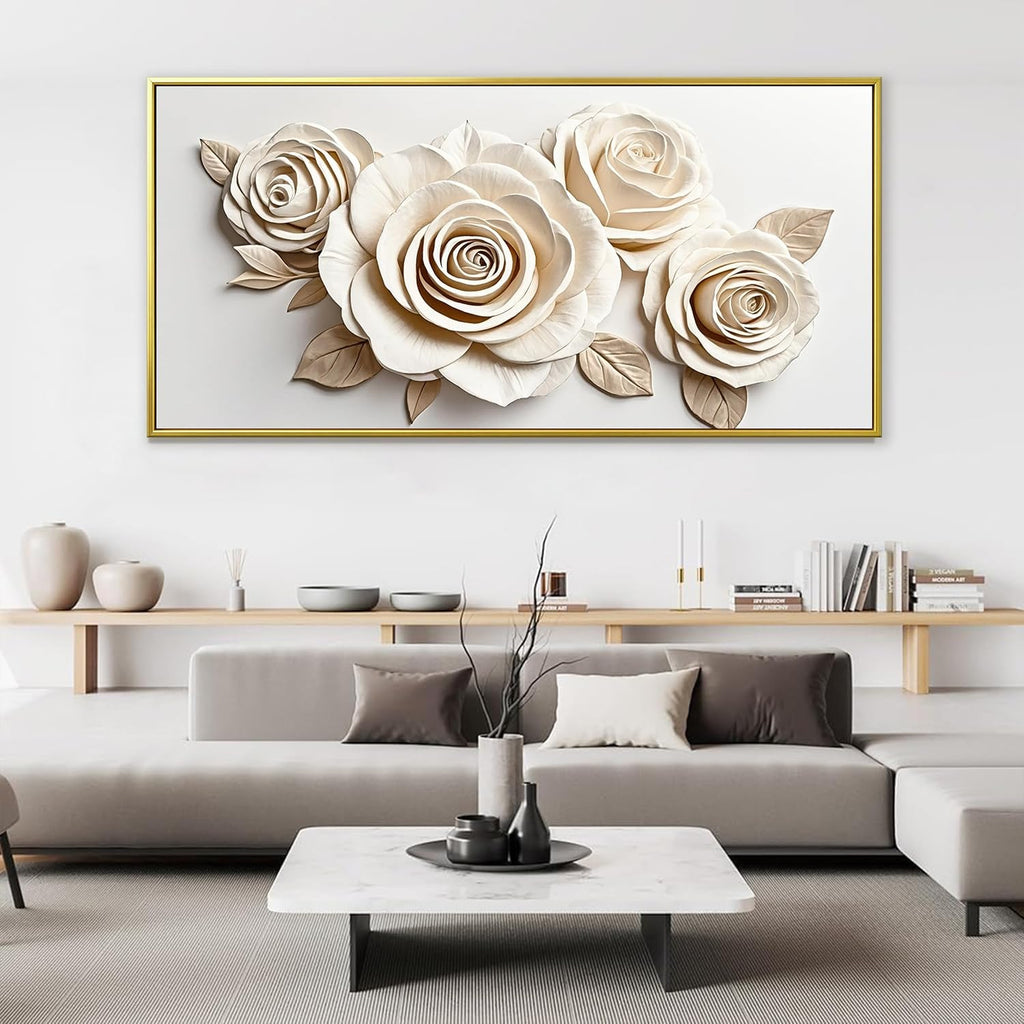 Gold Framed Wall Art Living Room Home Wall Decor Modern Canvas Art Wall Decor 29x58 Inches Large White Flower Wall Art Elegant Picture For Bedroom Hotel Office Artwork