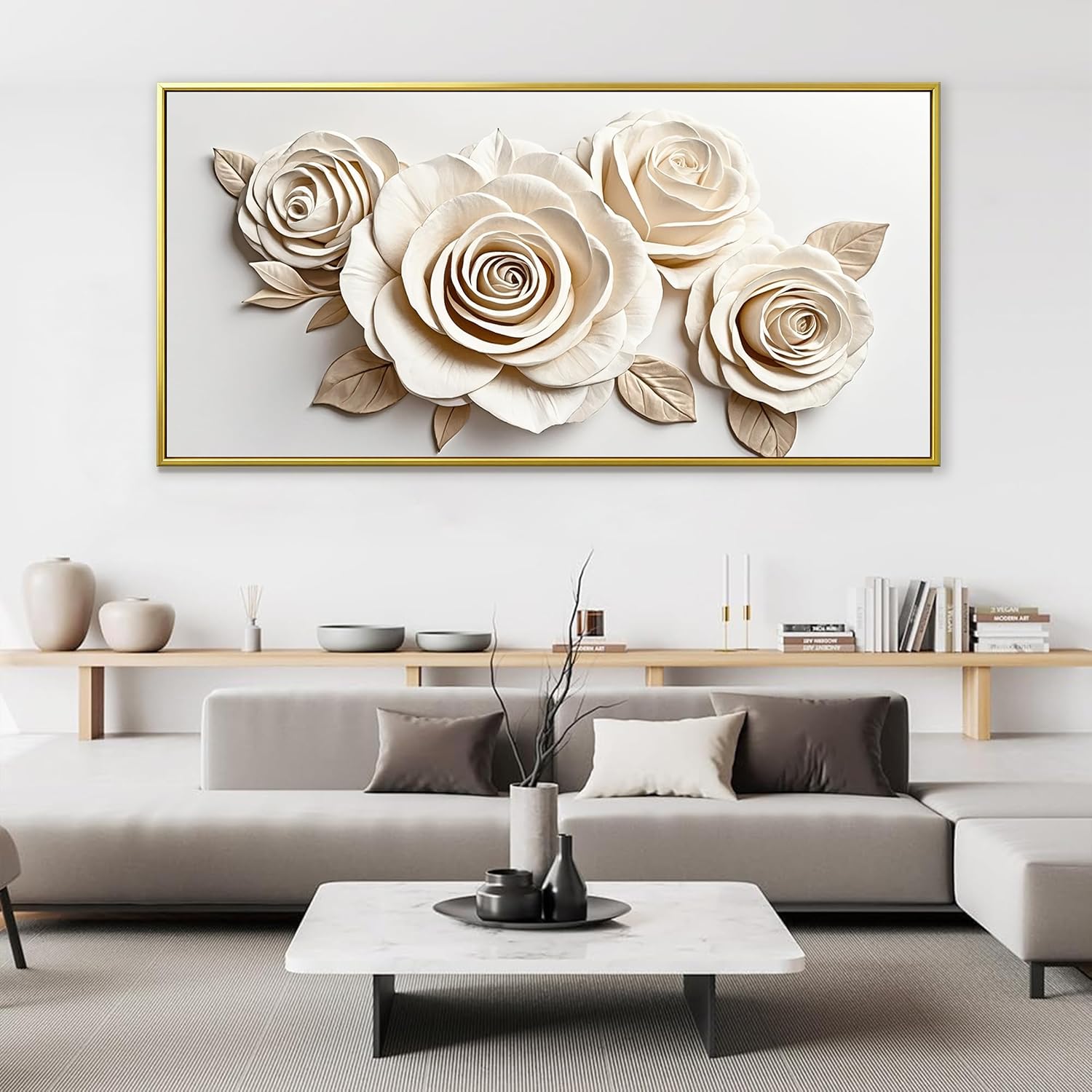 Gold Framed Wall Art Living Room Home Wall Decor Modern Canvas Art Wall Decor 29x58 Inches Large White Flower Wall Art Elegant Picture For Bedroom Hotel Office Artwork