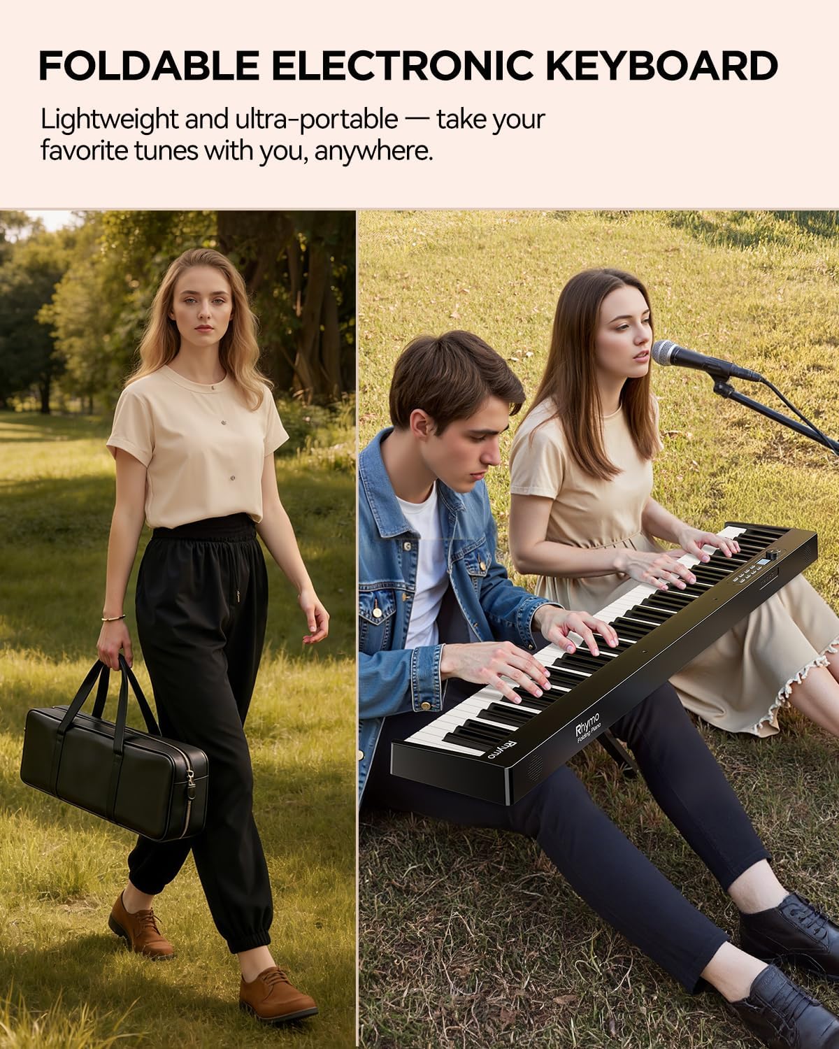 Rhymo Portable Piano Keyboard, Semi-Weighted Folding Piano 88 Key Full Size, Upgrand Imitation Wood Texture Keyboard w/MIDI Bluetooth LCD Display Screen, Sustain Pedal for Beginners Adult Toddler