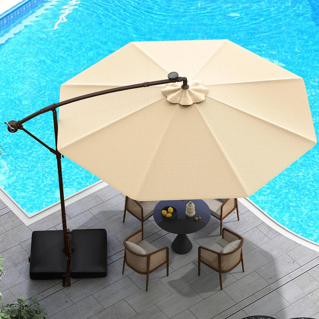 Tangkula 10FT Offset Patio Umbrella with Base Included, Outdoor Cantilever Umbrella with 40 Solar LED Lights, Tilt Adjustment, Crank Handle, Vented Top, Sand Bags for Pool Yard Deck (Beige)