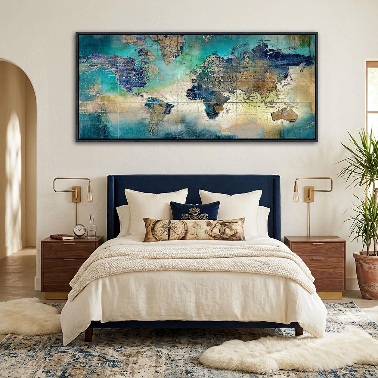 Large World Map Canvas Prints Wall Art for Living Room Office Green World Map Picture Artwork Decor for Home Decoration Black Framed Wall Art