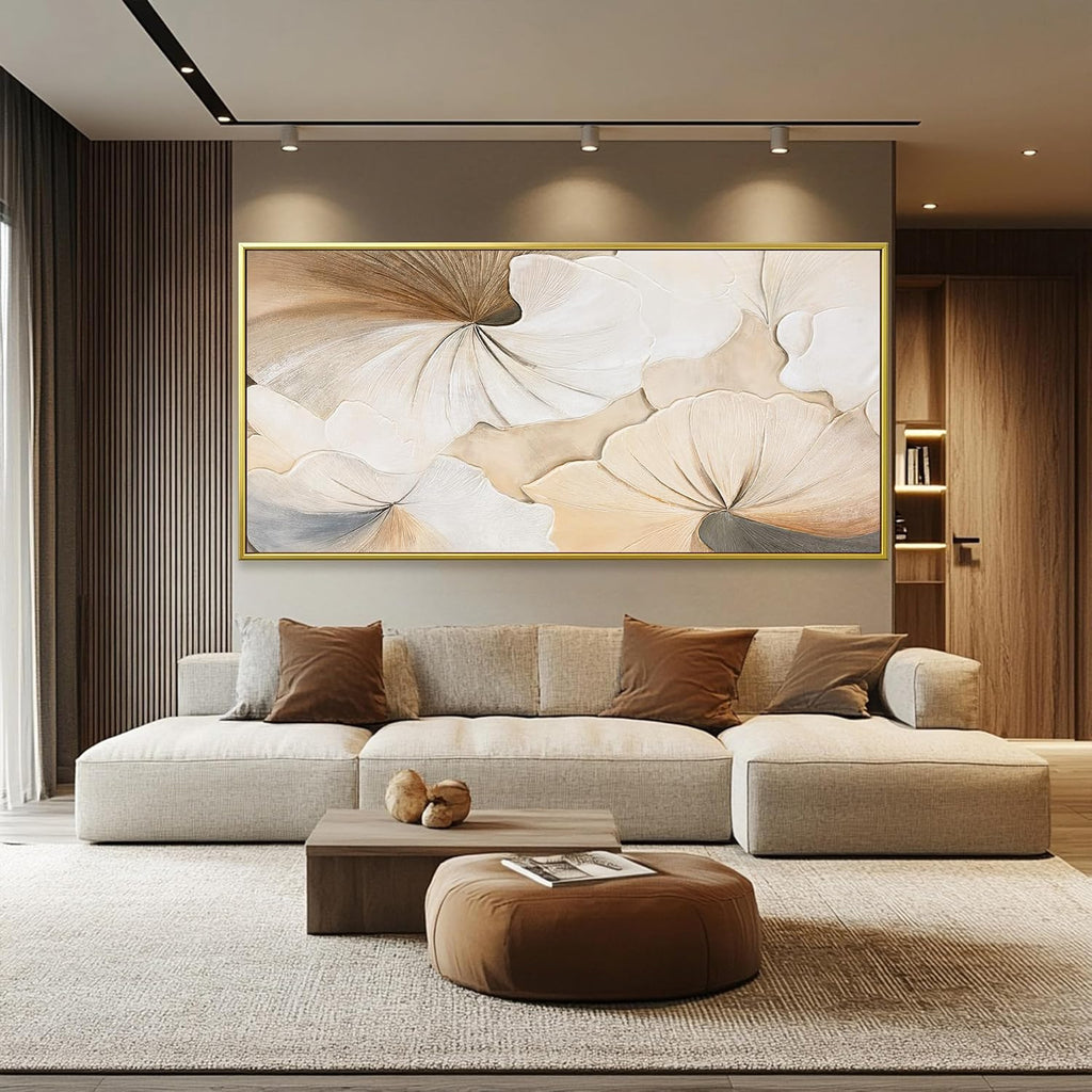 Canvas Art Wall Decor Large Size Gold Framed Wall Art For Living Room Modern Abstract Wall Decor Prints Pictures Brown White Flower Wall Art Picture For Bedroom Hotel Home Artwork 29x58 Inch