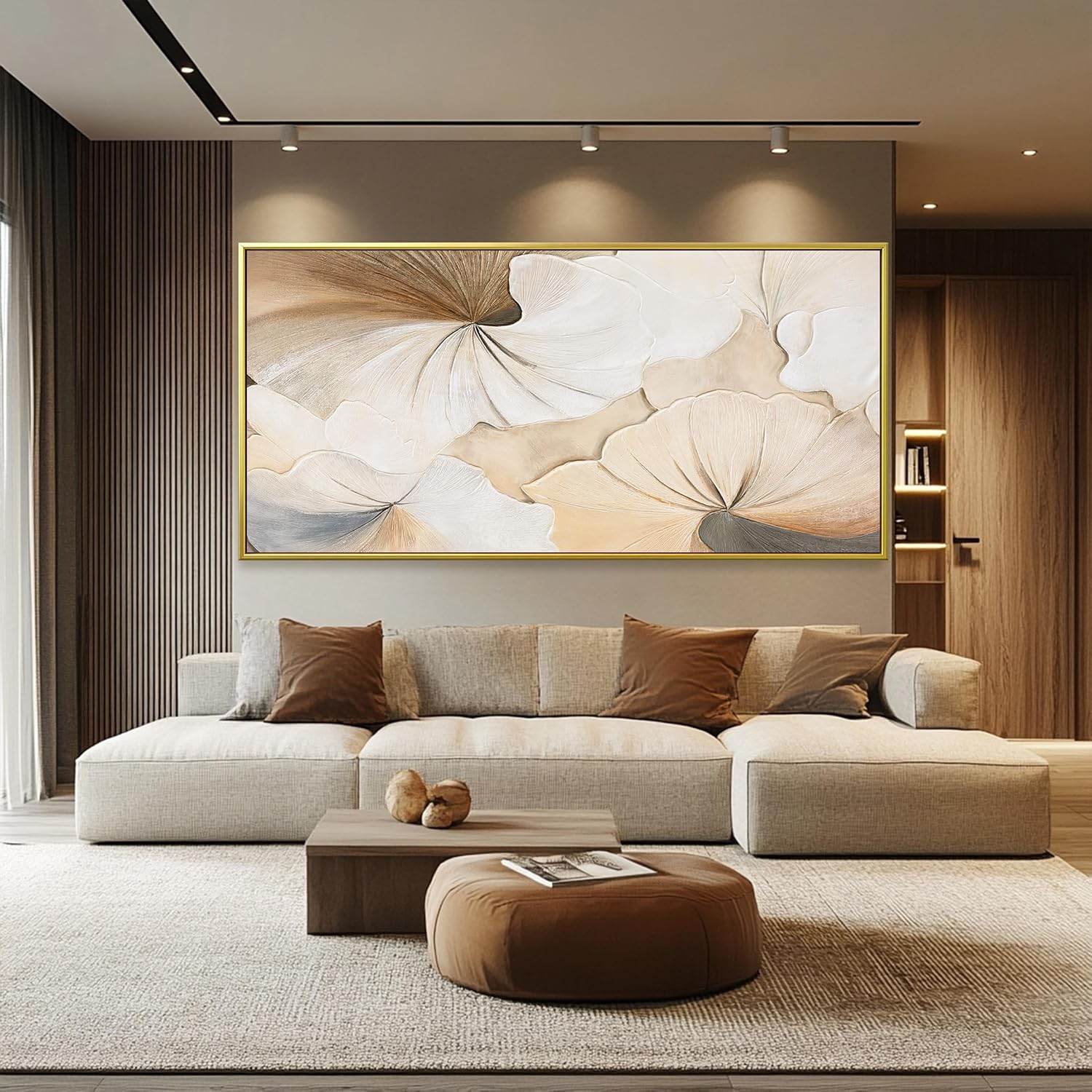 Canvas Art Wall Decor Large Size Gold Framed Wall Art For Living Room Modern Abstract Wall Decor Prints Pictures Brown White Flower Wall Art Picture For Bedroom Hotel Home Artwork 29x58 Inch