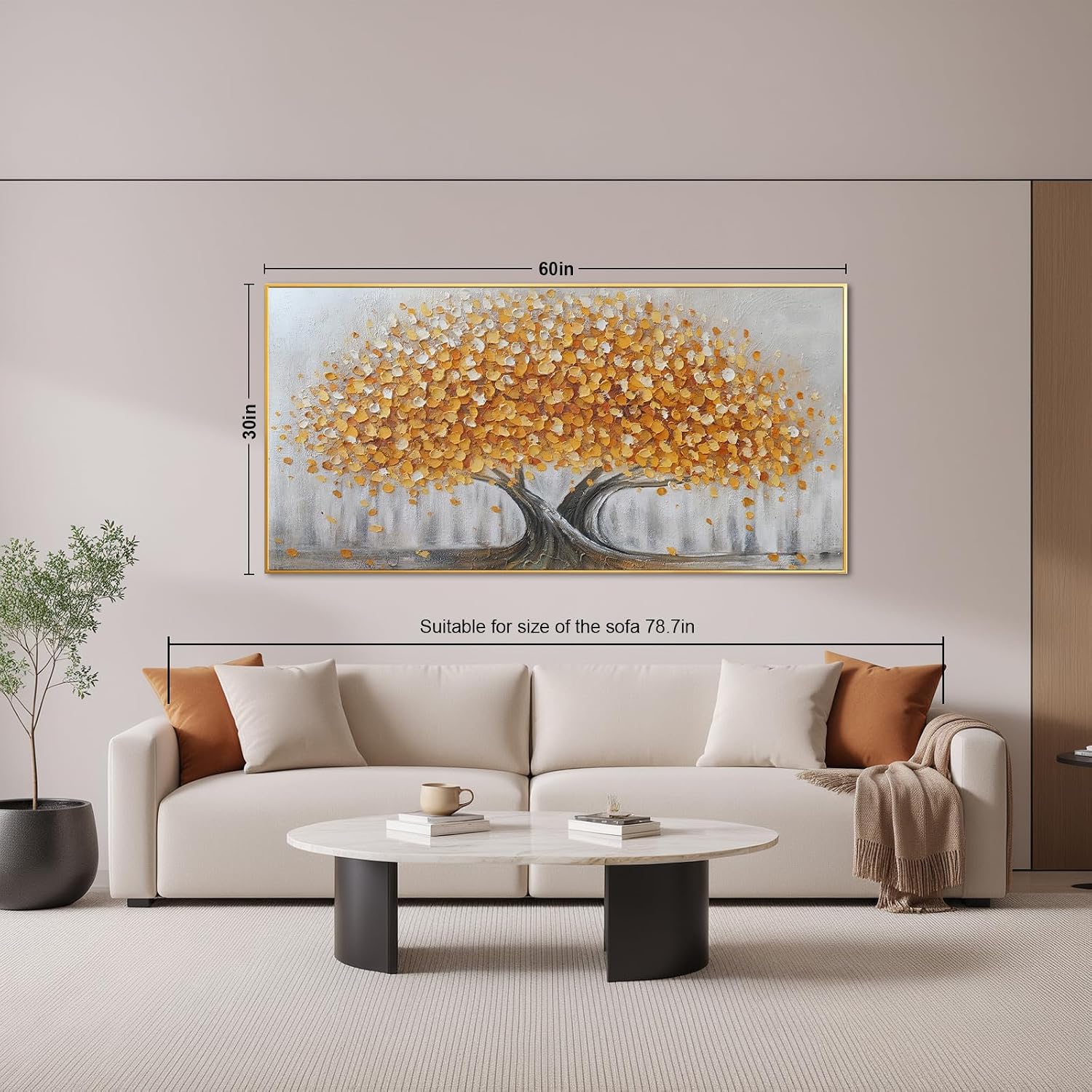 Gold Tree of Life Canvas Wall Art, Modern Abstract Textured Painting, Large Framed Panoramic Landscape Artwork for Living Room, Bedroom, Office, Home Decor 60'x30'