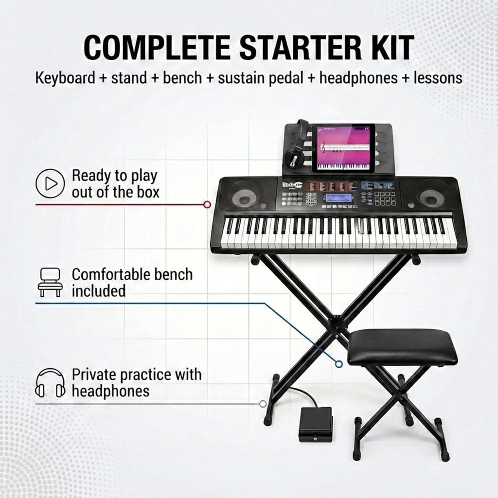 RockJam RJ761 61 Key Keyboard Piano with Keyboard Bench, Digital Piano Stool, Sustain Pedal, Headphones & Lessons