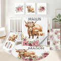 KAINSY Personalized Baby Bedding Set, 5 Pcs Custom Baby Crib Set with Name, Soft Flannel Highland Cow Crib Bedding Set for Girls, Double Layer Nursery Bedding Set, New Parents Toddlers Infants Gift