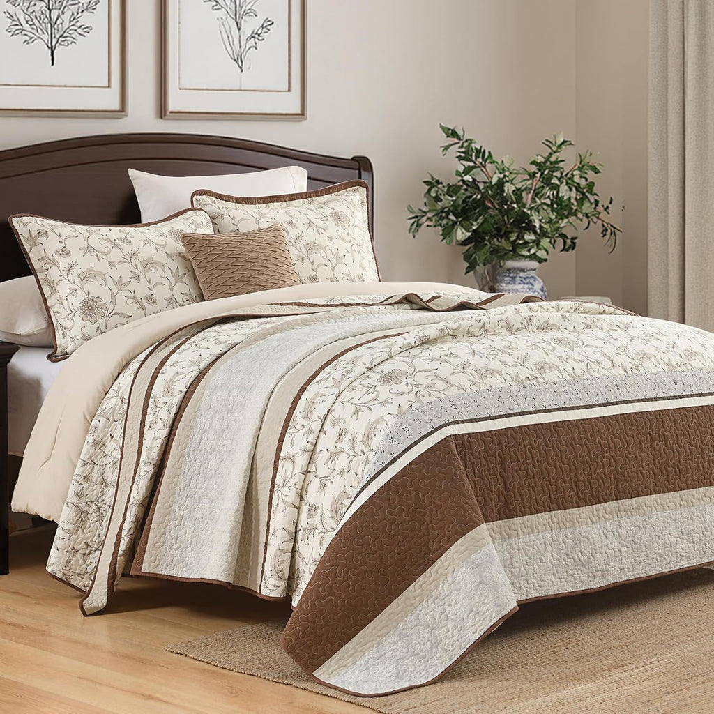 DDUOXIN 100% Cotton King Quilt - Modern Botanical Bed Quilts with 2 Pillow Shams, Floral Print Stripe Bedspread Lightweight Soft Thin Comforter Bedding Set, Brown/Gray/White