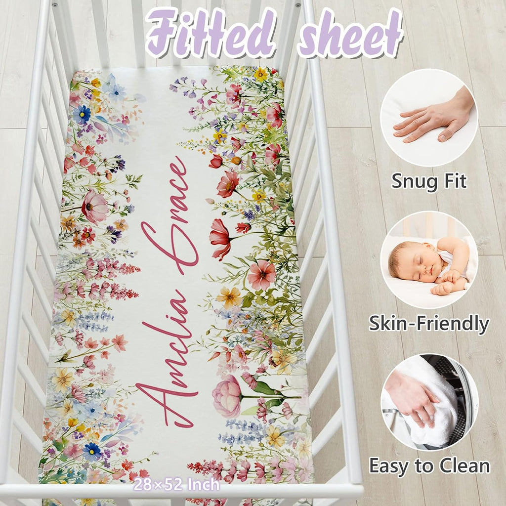 Custom Baby Crib Bedding Set, 5 PCS Personalized Name Baby Crib Sets for Girls Boys, Flower Theme Nursery Bedding Sets for Infant Toddler, Double Layer Flannel Bed Set Customized Gifts
