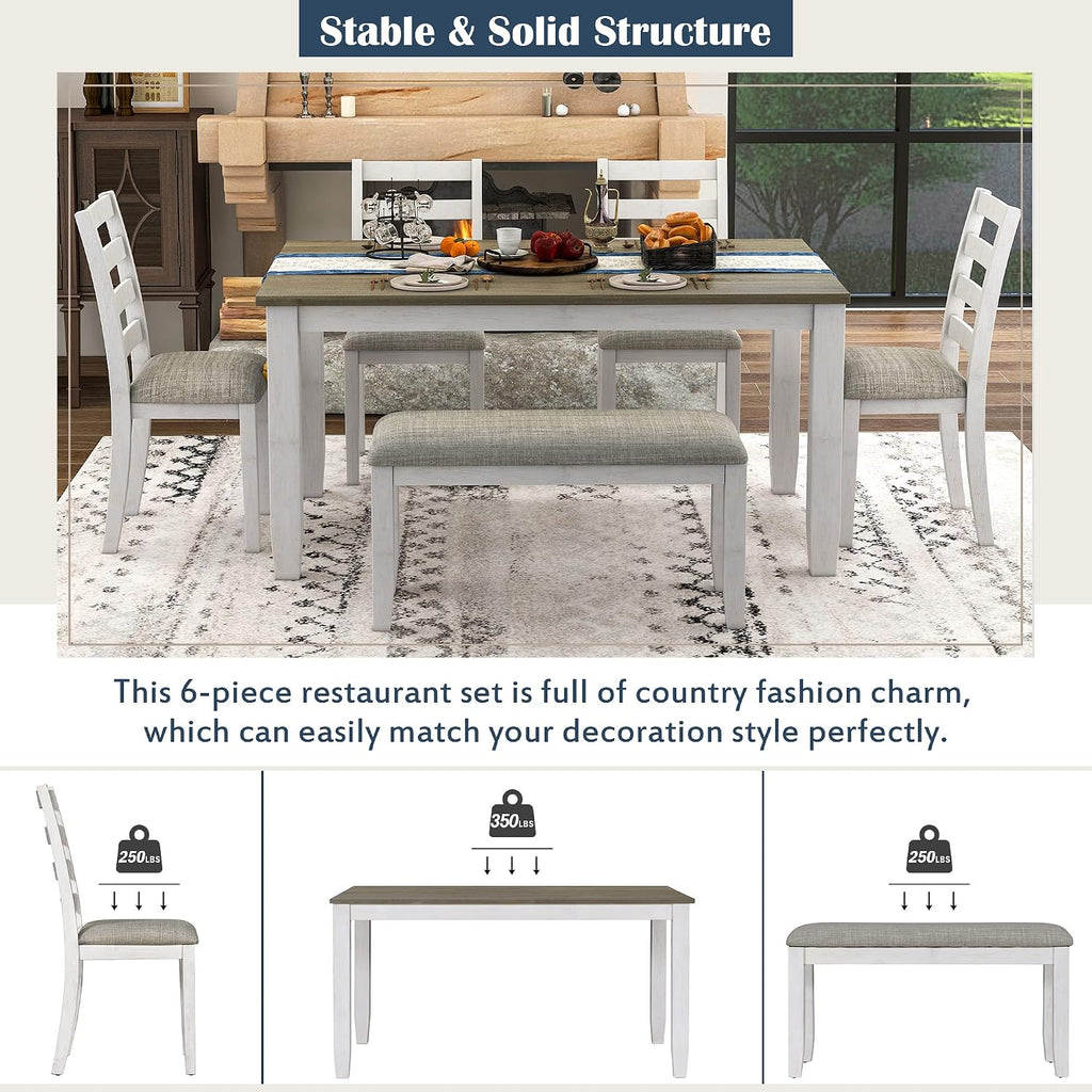 Rustic Farmhouse 6-Piece Dining Room Table Set, Counter Height Wooden Kitchen Dining Set with 4 Upholstered Chairs and Padded Bench, Kitchen Set for 6 (Brown+Whitewash)