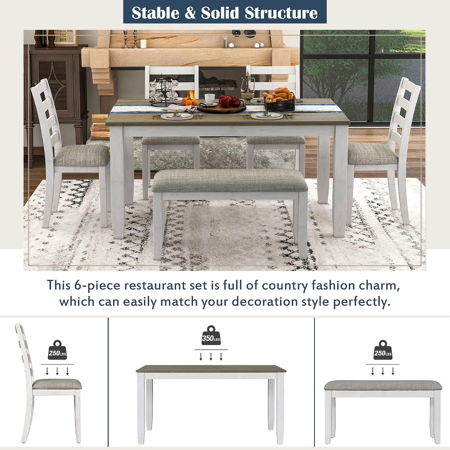 Rustic Farmhouse 6-Piece Dining Room Table Set, Counter Height Wooden Kitchen Dining Set with 4 Upholstered Chairs and Padded Bench, Kitchen Set for 6 (Brown+Whitewash)