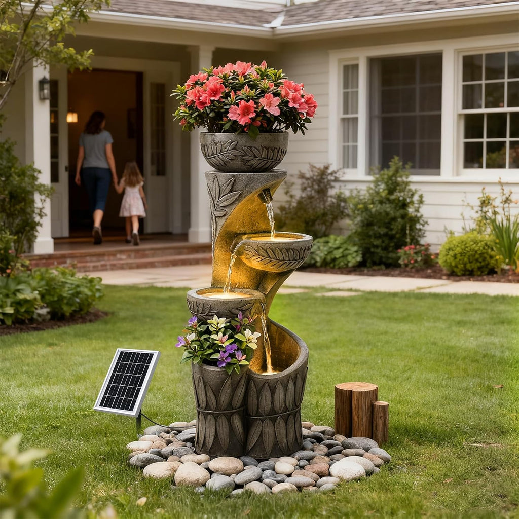 4 Tiered Solar Water Fountain Outdoor Garden, 35.6' Tall Cascading Bowl Leaf Carved Outdoor Waterfall Fountains Modern Water Feature with Dual Planters for Garden, Patio, Deck, Yard, Indoor Decor