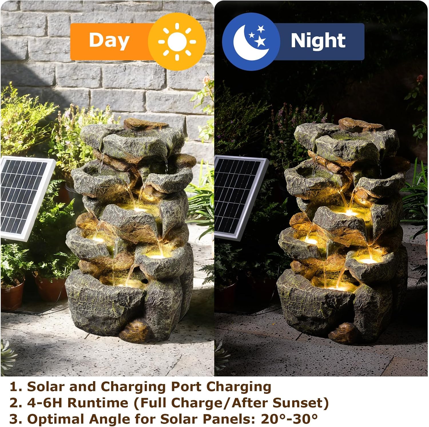 Solar Water Fountain Outdoor Garden,5 Tiered Cascading Rock Solar Powered Water Fountain Water Fall Fountains Outside with Lights for Backyard, Patio, Deck, Porch, 19.3' H x 12.2' L x 9.5' W