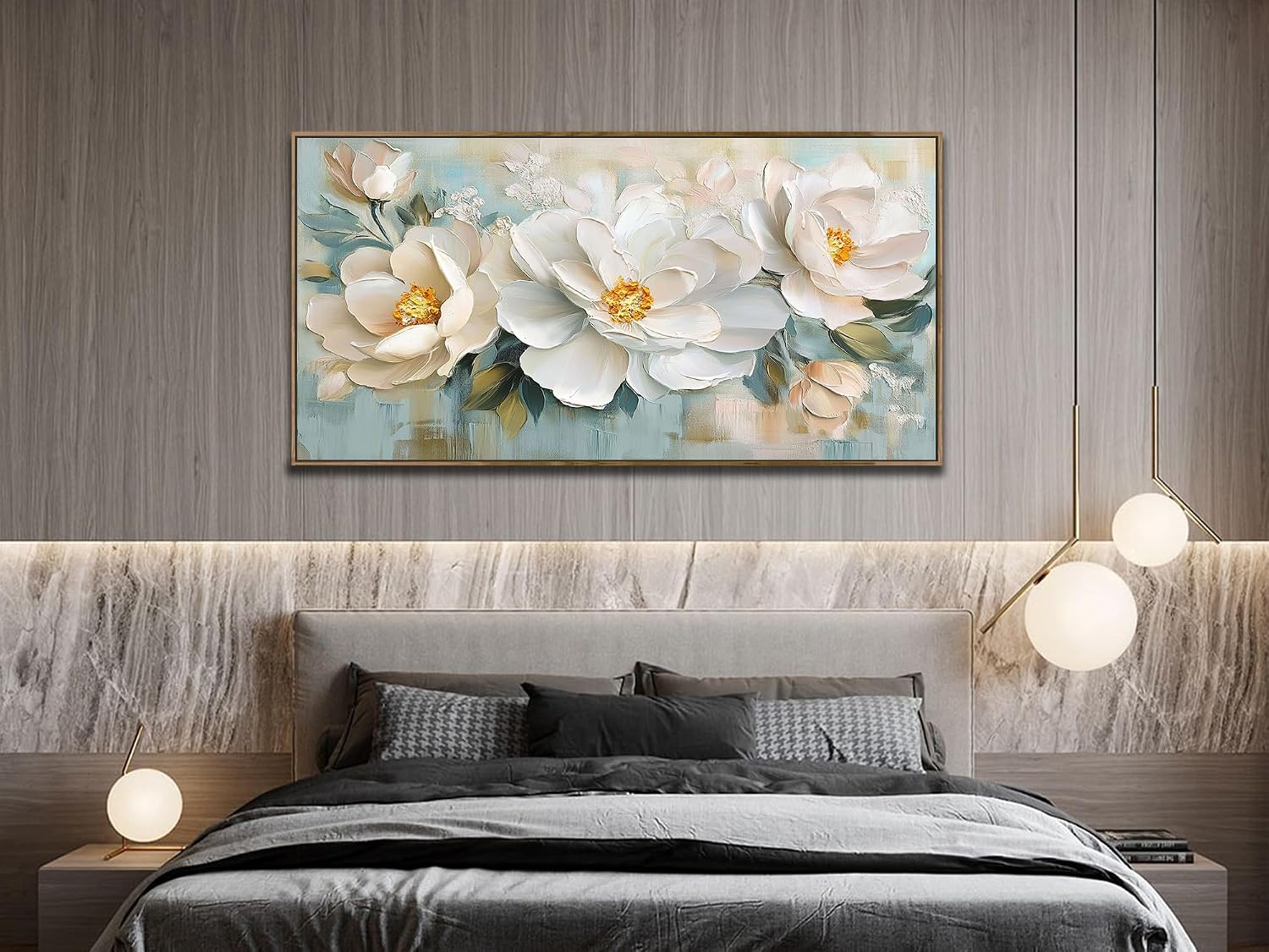 Enartly White Flowers Framed Wall Art for Living Room, 3D Textured Floral Canvas Painting Sage Florals Picture Artwork for Bedroom Dining Room Kitchen Home Office Wall Decor, 48'x24'