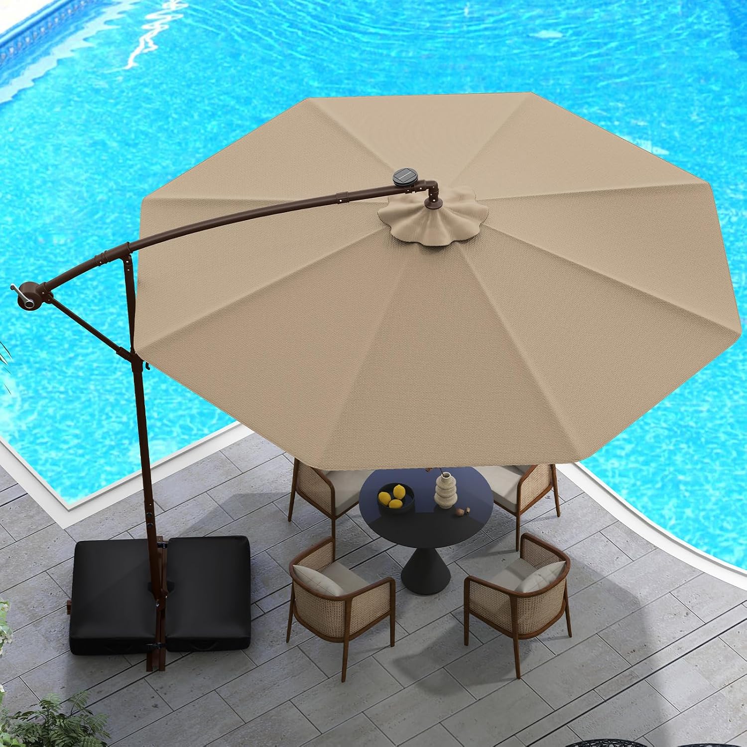 Tangkula 10FT Offset Patio Umbrella with Base Included, Outdoor Cantilever Umbrella with 40 Solar LED Lights, Tilt Adjustment, Crank Handle, Vented Top, Sand Bags for Pool Yard Deck (Tan)