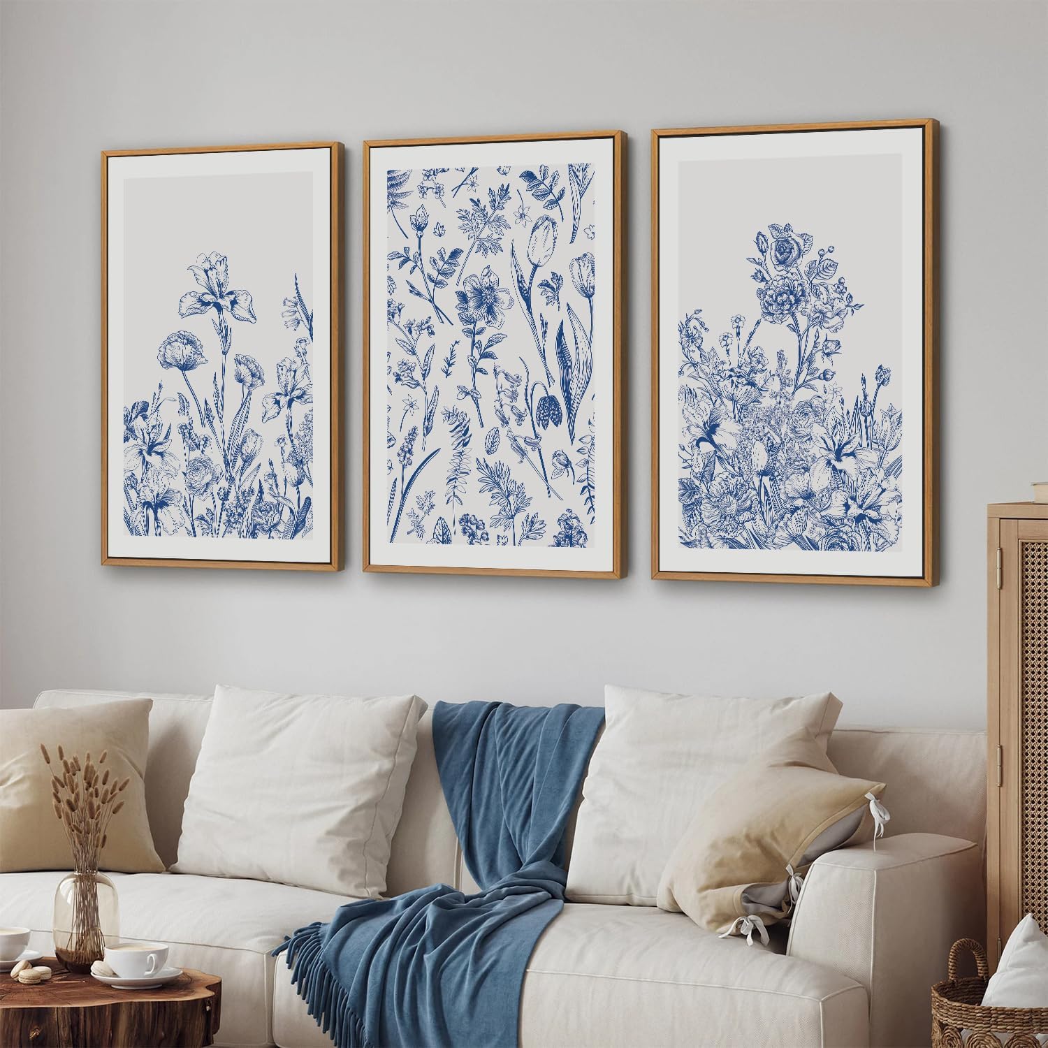 SIGNINART Classic Chinoiserie Framed Canvas Wall Art Set, Blue and White Floral Art Painting, Minimalist Botanical Flower Artwork, Navy Blue Wall Decor for Bedroom, Living Room, Office 24'x36'x3