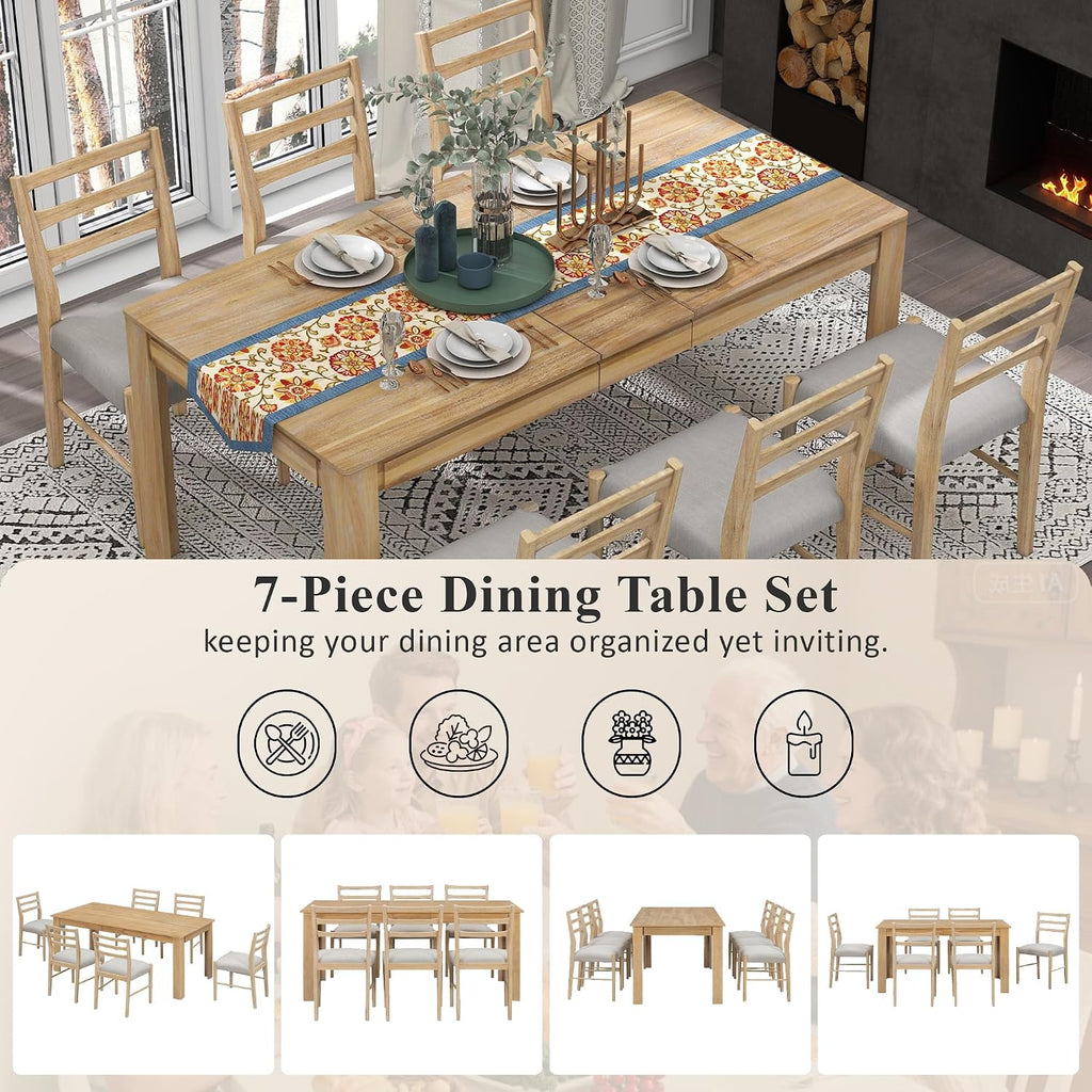 Farmhouse 7-Piece Kitchen Dining Table Set, Solid Wood Rectangle Extendable Table with 12' Leaf and 2 Drawers, 6 Dining Chairs with Soft Cushion, Dining Table Set for 6 Persons (Natural Wash+)