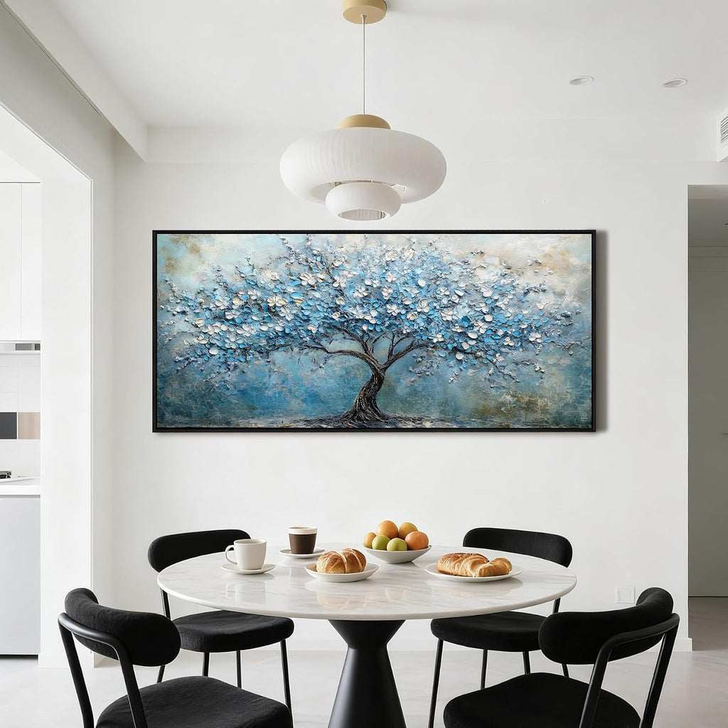 crmotu Tree of Life Wall Art, Large Wall Decor Living Room, Black Framed Wall Art, Cherry Blossom Tree Painting Prints, Modern Japanese Aesthetic Artwork, Blue Big Pictures for Office Hotel 32'x71'