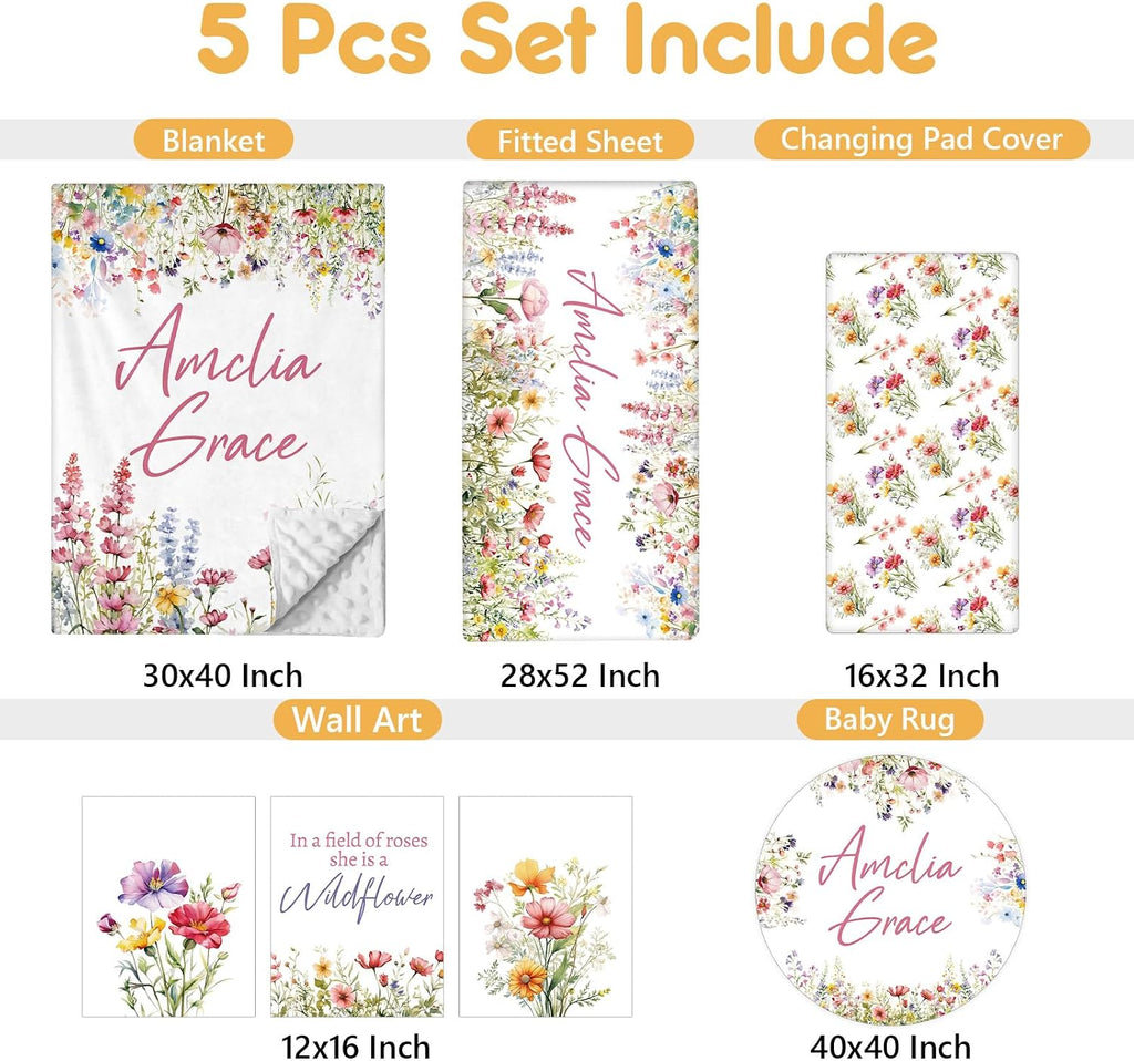 Terwex Custom Crib Bedding Set - 5 Pcs Customized Baby Crib Set with Name - Soft Double Layer Flower Nursery Baby Bedding Set for Girls Boys - Personalized for Infants Toddlers