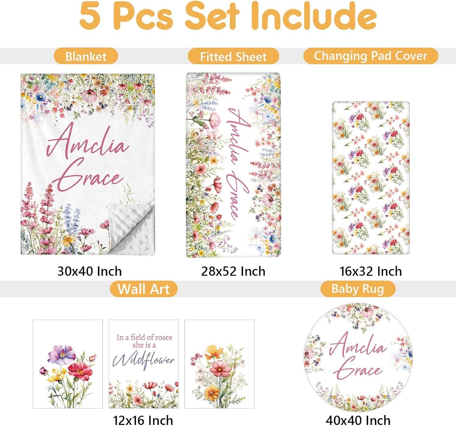 Terwex Custom Crib Bedding Set - 5 Pcs Customized Baby Crib Set with Name - Soft Double Layer Flower Nursery Baby Bedding Set for Girls Boys - Personalized for Infants Toddlers
