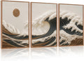 HLNIUC Great Wave Sunset Framed Canvas Wall Art,Abstract Sun Seascape Art Decor Set of 3(24'x36') Modern Ocean Beach Art Print,Large Sea Wave Pictures Framed Wall Painting for Living Room,Bedroom