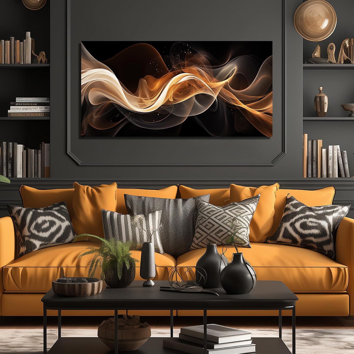JuhaiArt Abstract Art Prints Bedroom Gold Wall Decor Black Wall Picture for Living Room Home Office 29' x 59' Lines Poster Artwork