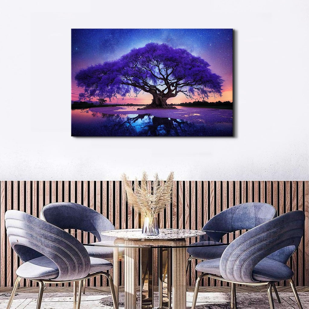 Purple Tree Landscape Wall Art Blue Starry Night Picture Artwork for Living Room Wall Decor Abstract Nature Scenery Canvas Print Painting for Modern Bedroom Bathroom Home Office Decoration 32x48'