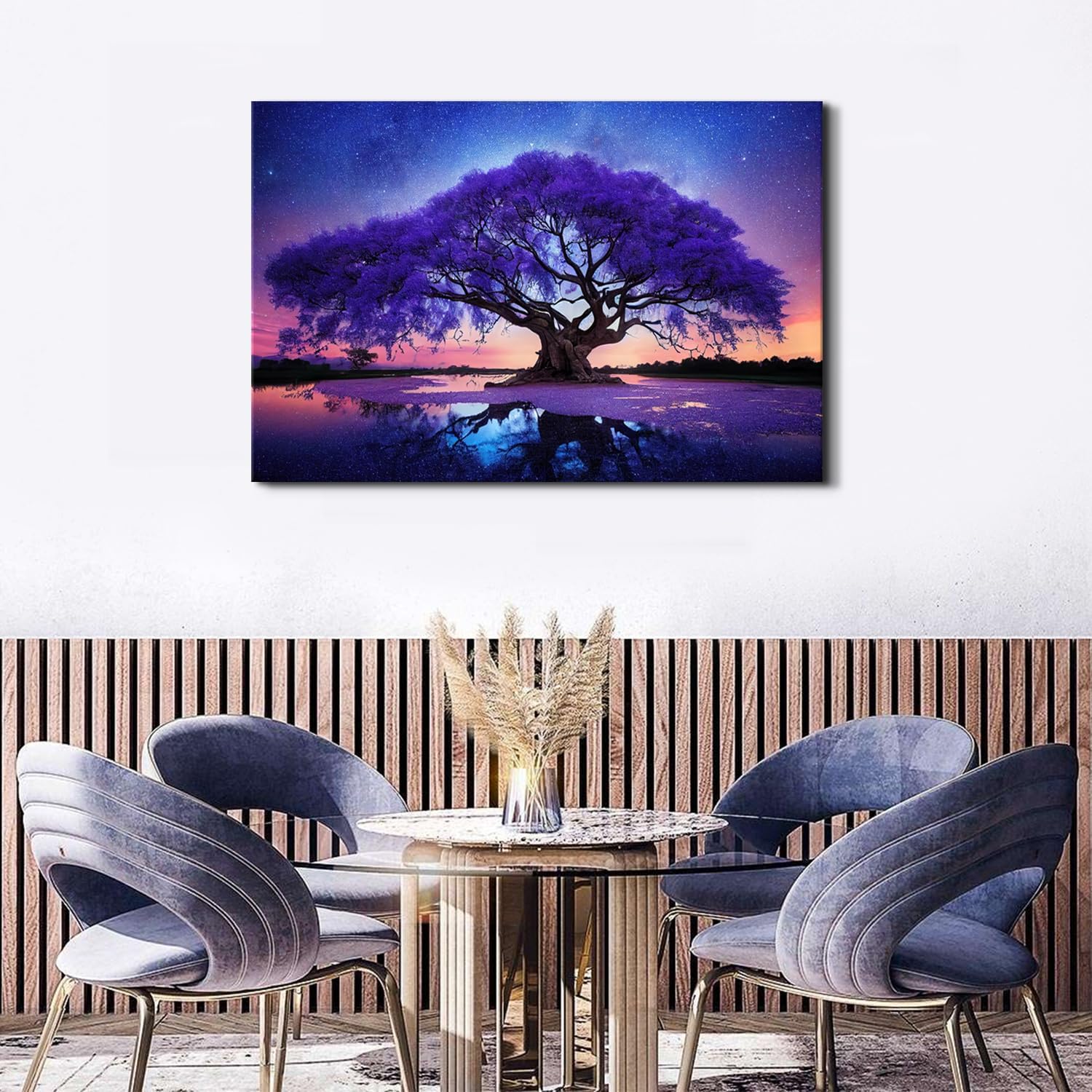 Purple Tree Landscape Wall Art Blue Starry Night Picture Artwork for Living Room Wall Decor Abstract Nature Scenery Canvas Print Painting for Modern Bedroom Bathroom Home Office Decoration 32x48'