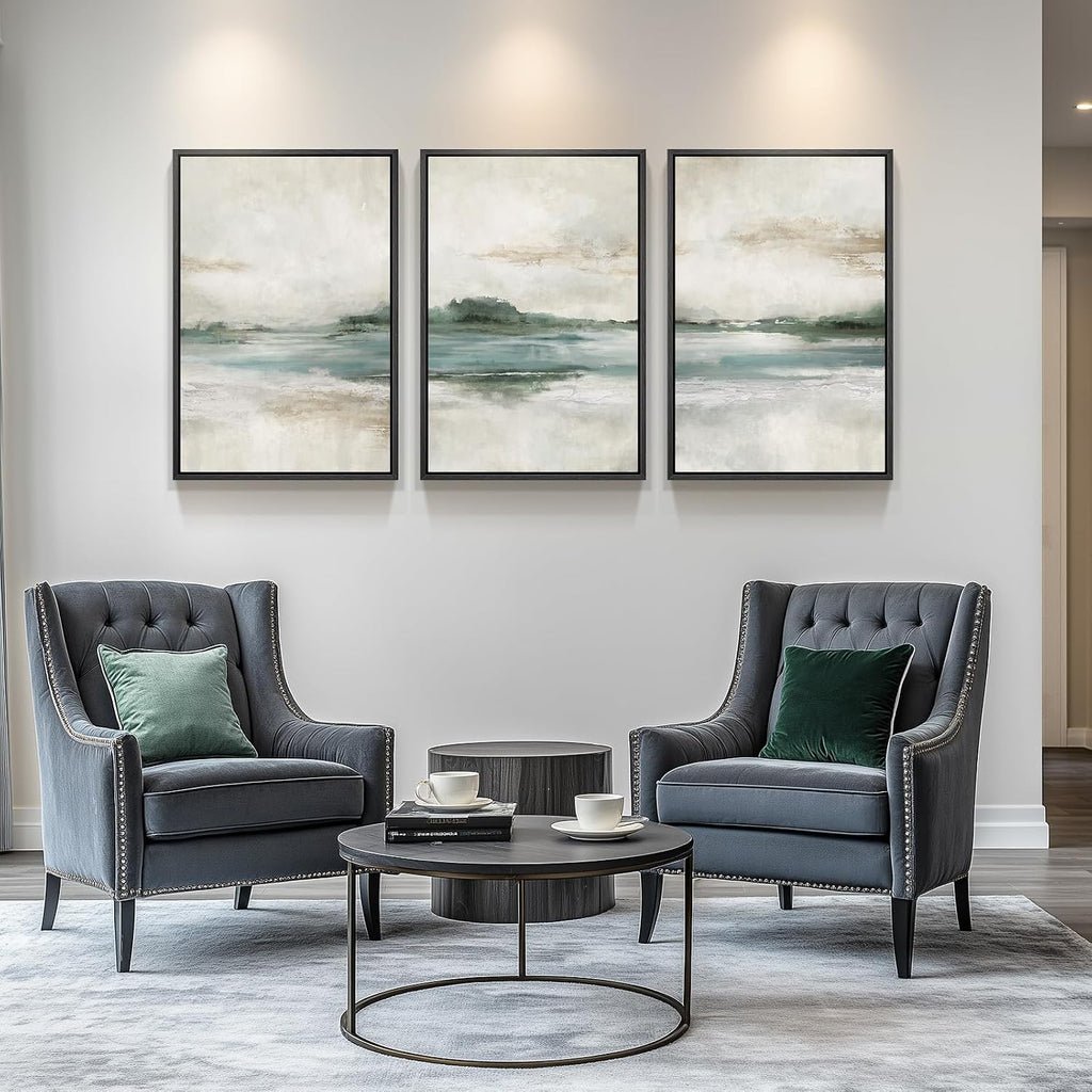 Large Framed Abstract Nature Landscape Wall Art for Living Room, Set of 3 Modern Canvas Prints Paintings Artwork for Walls, Green Lake Pictures for Hallway, Dining Room, Office Wall Decor 24x36 Inch