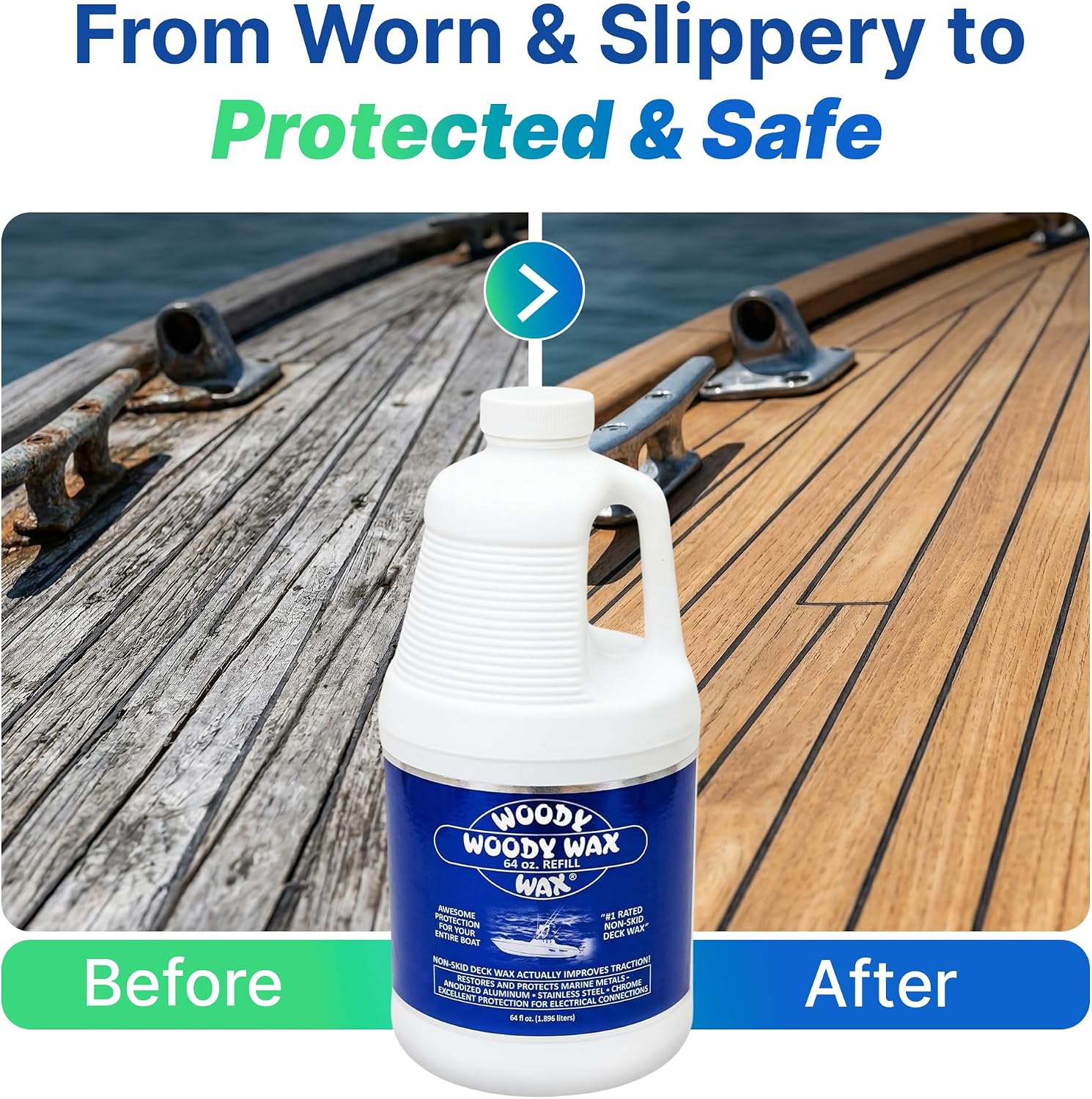Woody Wax Boat Protection Refill Pack, Non-Skid Deck Wax & Professional Metal Restorer, All-In-One Marine Protection for Decks, Hulls & Towers; No-Buff Formula Against Corrosion & Saltwater, 64 oz