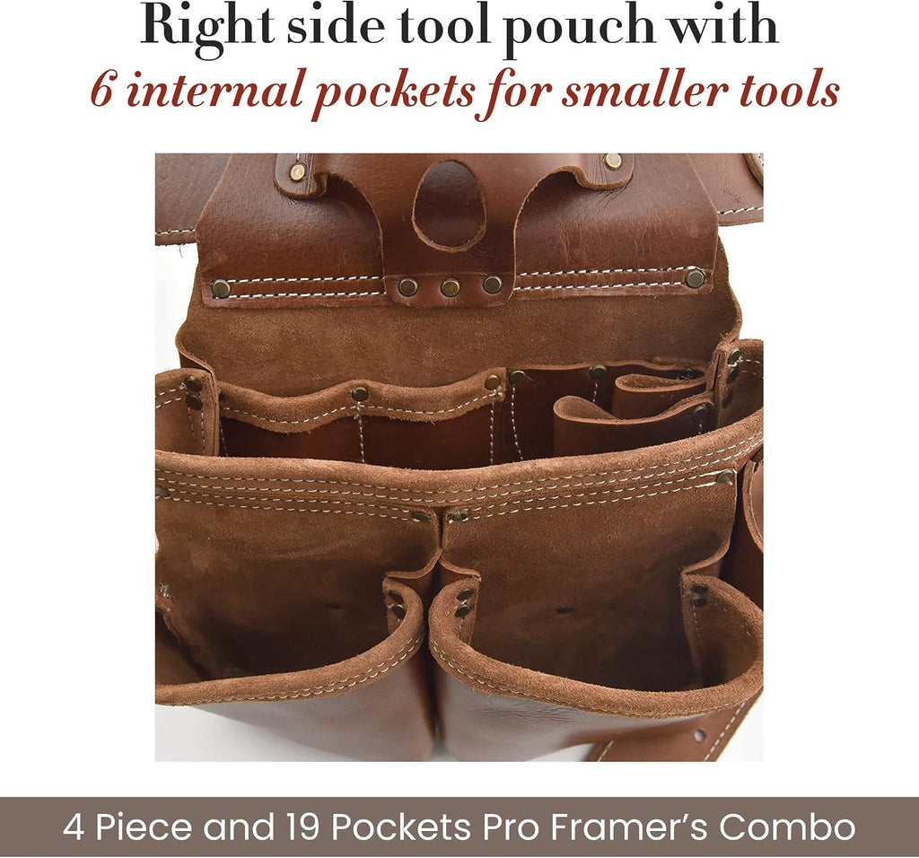 Style n Craft - 4 Piece and 19 Pockets Pro Framer's Combo, Tool Belt with 2 Tool Pouches and 1 Pliers and Hammer Holder, Full-Grain Leather Carpenter Tool Belt Combo, Dark Tan (98444)