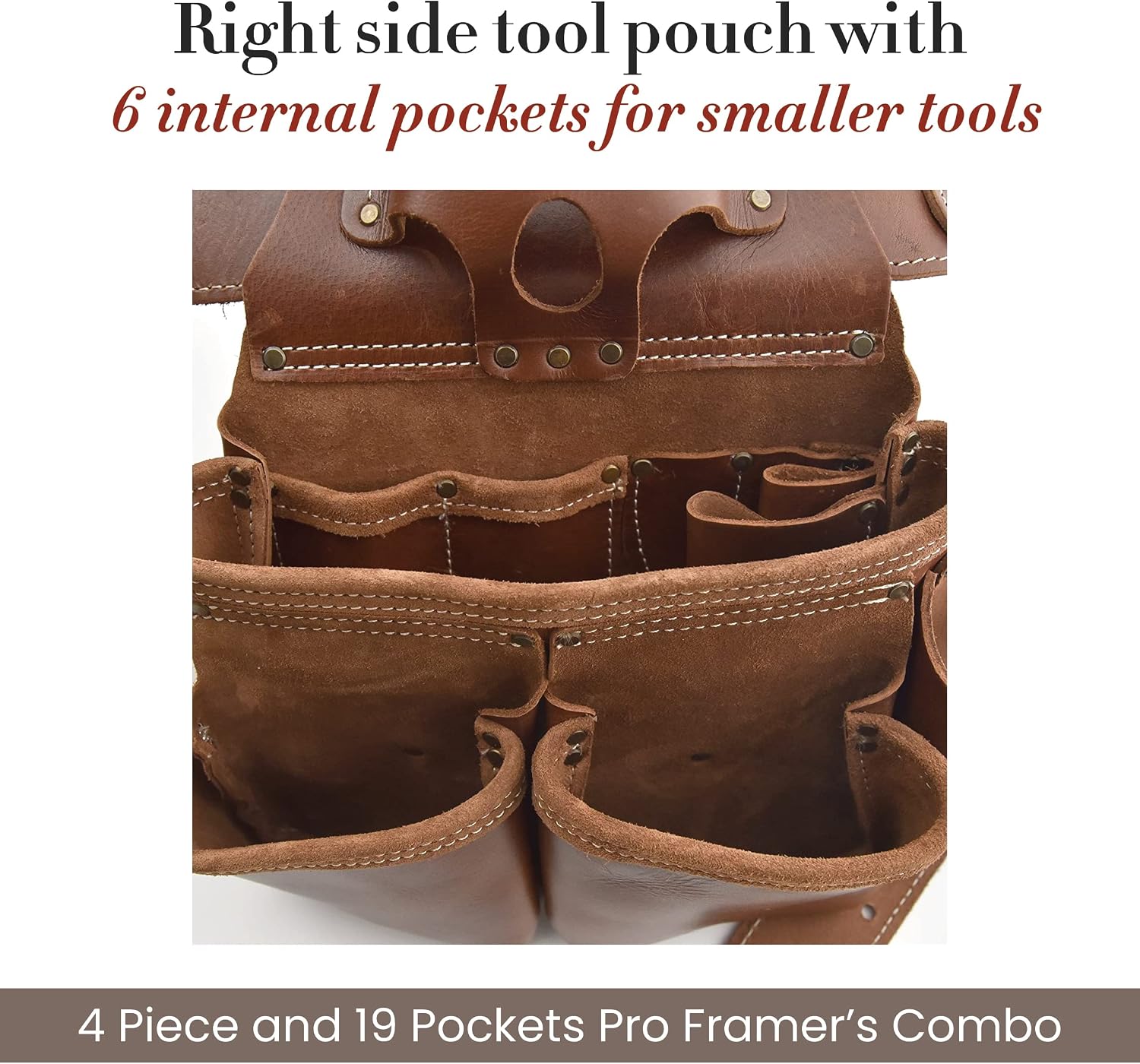 Style n Craft - 4 Piece and 19 Pockets Pro Framer's Combo, Tool Belt with 2 Tool Pouches and 1 Pliers and Hammer Holder, Full-Grain Leather Carpenter Tool Belt Combo, Dark Tan (98444)
