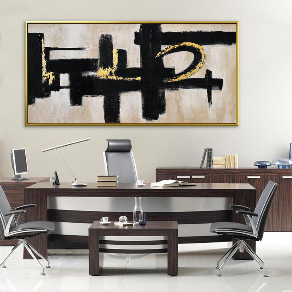 QSQ Black And Off-White Wall Art Abstract Picture Paintings On Canvas Art Wall Decor 29 x 58 Inches Large Gold Framed Wall Art Living Room Minimalism Abstract Wall Decor Bedroom Office Artwork