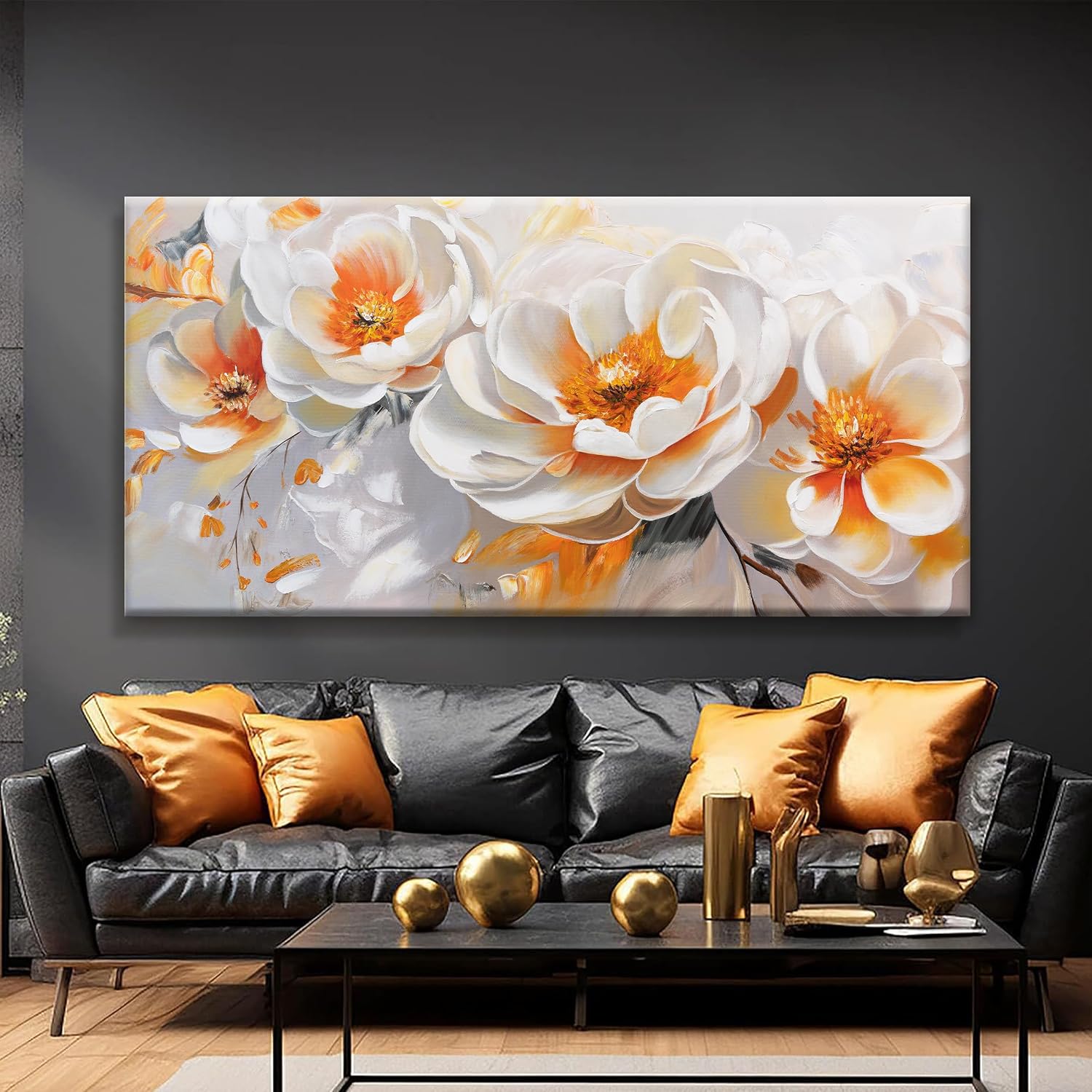 Suconvng Large Wall Art For Living Room Floral Wall Artwork Modern Canvas Art Wall Decor 29' X 58' Painting Orange White Flower Wall Art For Bedroom Home Office Dining Room Home Decoration