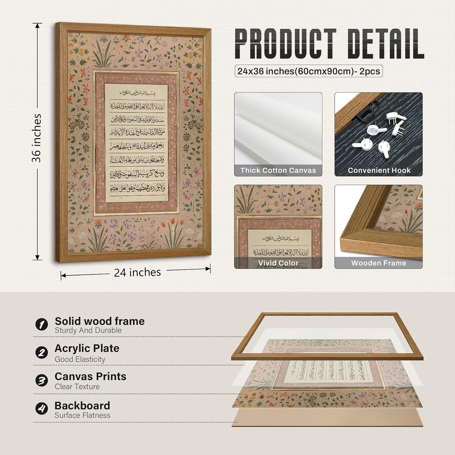 Islamic Wall Art Muslim Canvas Poster Arabic Wall Decor Vintage Painting Islamic Calligraphy Prints Ayatul Kursi Al Fatiha Pictures Ramadan Artwork for Home Living Room 24x36 Inch Wood Framed