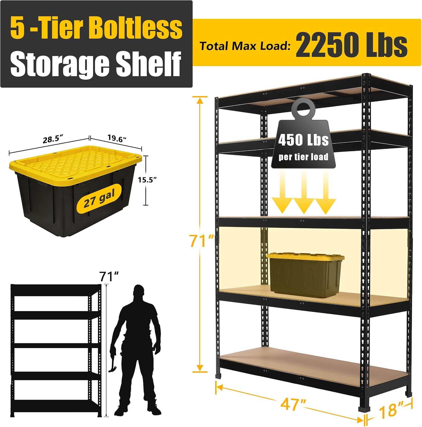 PrimeZone 2 Pack Heavy Duty Storage Shelves - 47'W x 18'D x 71'H 5 Tier Adjustable Garage Storage Shelving, Metal Utility Rack Organizer Shelf Unit for Warehouse Pantry Closet Kitchen Basement, Black