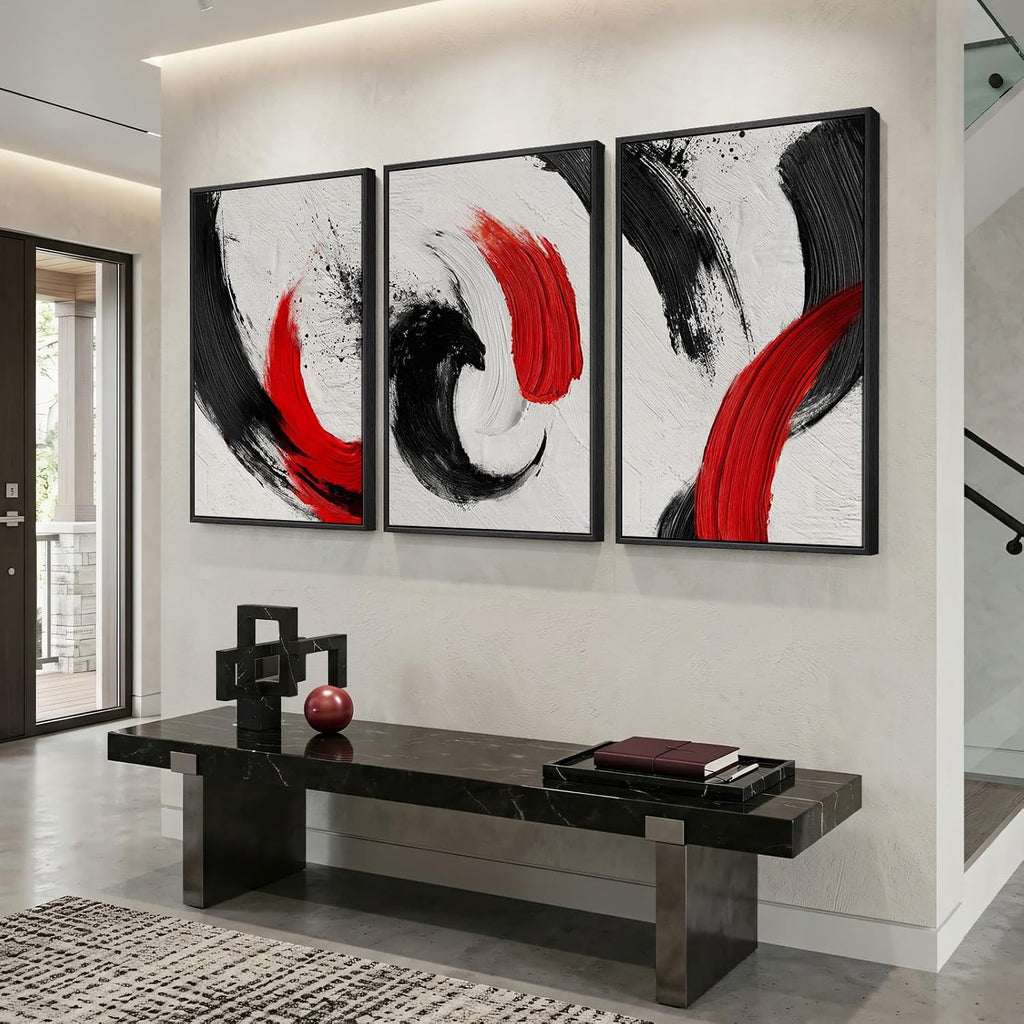 Large Framed Red Black White Abstract Wall Art for Living Room, 3 Piece Modern Canvas Prints Paintings Artwork for Walls, Red Black Minimalist Pictures for Bedroom Hallway Office Wall Decor 24x36 In