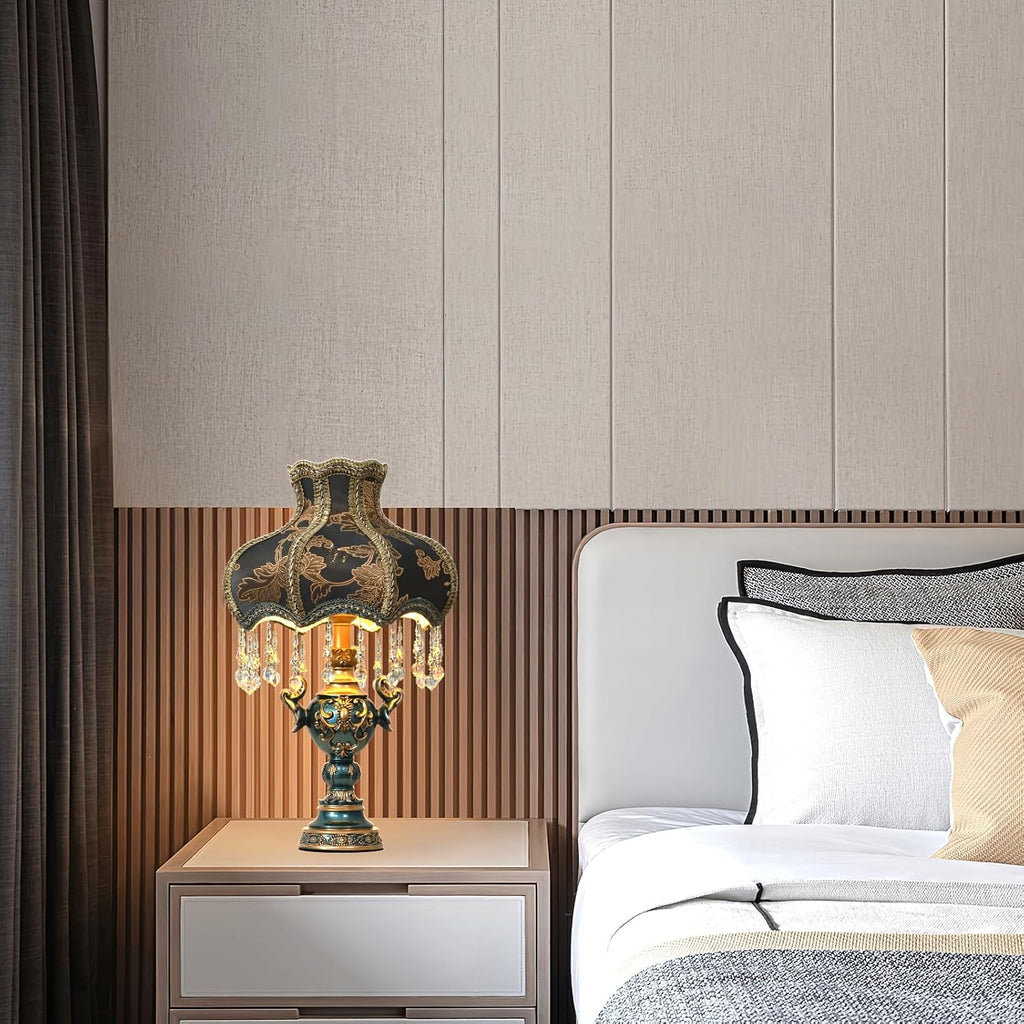 Victorian Style Table Lamp, Antique Flower Decorative Bedside Desk Lamp, Blue Fabric Night Light Elegant Bedside Nightstand Lamps for Bedroom Living Room