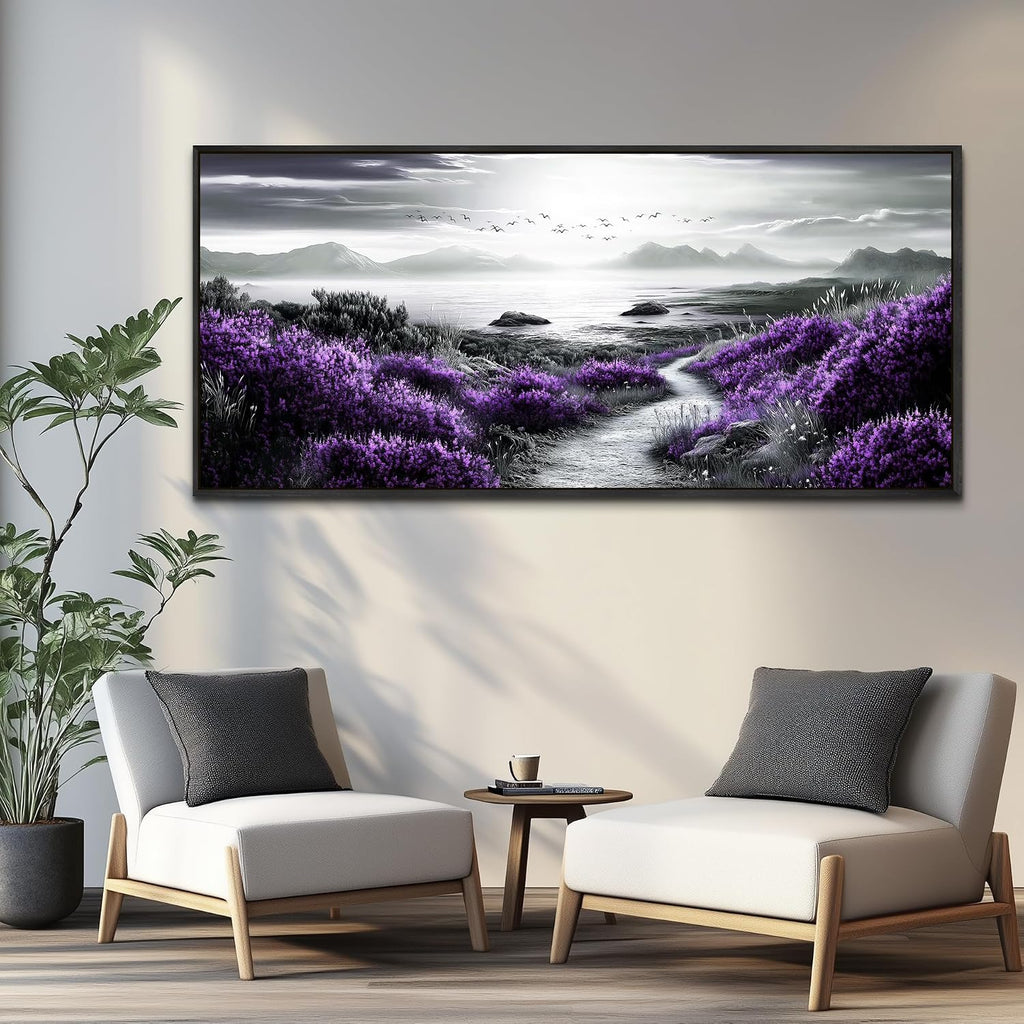 FUHAIHUA Canvas Wall Art For Living Room Wall Decor For Bedroom Office Wall Decoration Purple Flowers Landscape Painting Black And White Pictures Artwork Room Aesthetic Home Decor 32x72 In