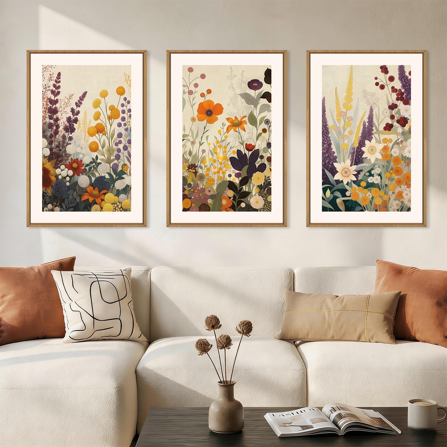 Aurlan Large Retro Boho Vibrant Floral Framed Canvas Wall Art Set,Earthy Abstract Tropical Wildflower Wall Decor,Modern Terracotta Botanical Artwork for Living Room,Bedroom,Farmhouse-24 x36 x3