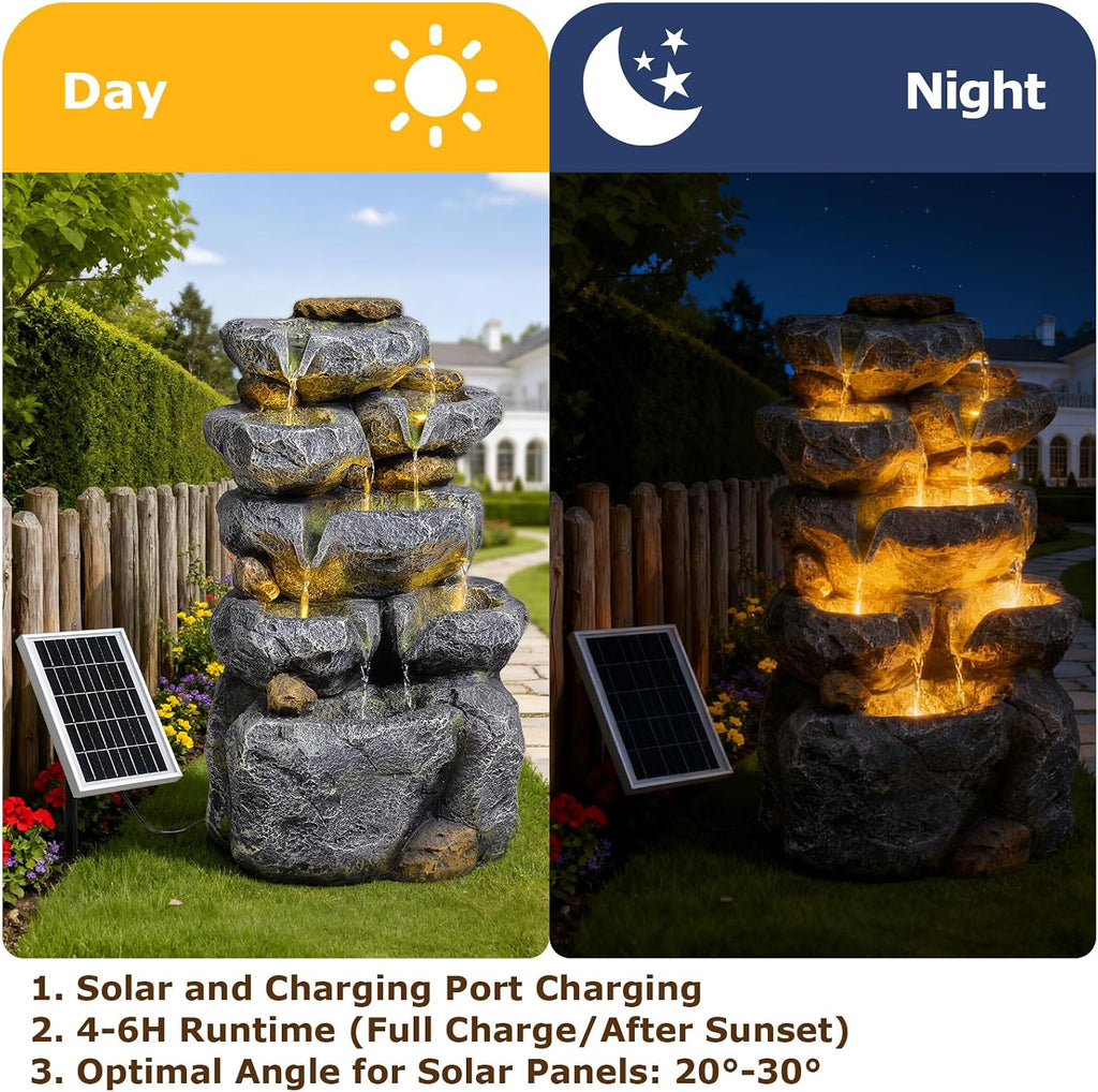 5 Tiered Solar Powered Water Fountain, Solar Water Fountain Outdoor Garden Cascading Rock Water Fall Fountains Outside with Lights for Backyard, Patio, Deck, Porch, 24' H x 13.39' L x 9.6' W