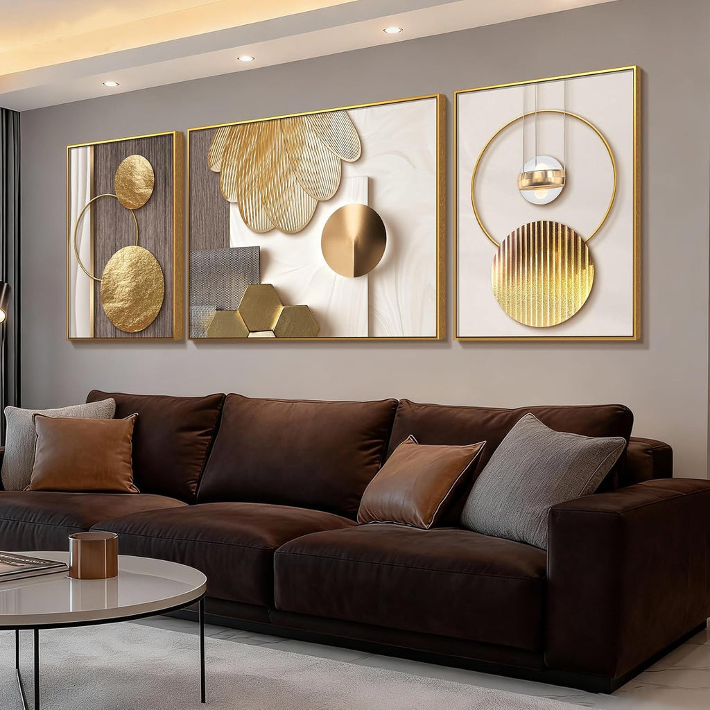 Azartslr Large Framed Modern Rose Gold Wall Art, Luxury 3 Pieces Aluminum Alloy Wall Decor for Living Room, Abstract Gold and Beige Home Bedroom Art Painting, Geometric Crystal Porcelain Artwork Dining Room Pictures Decoration