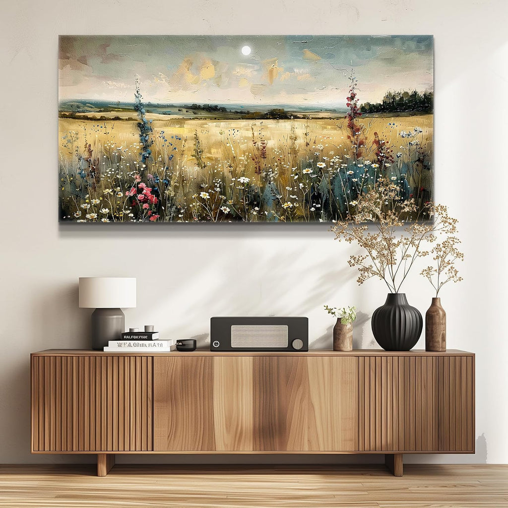 KELIYUAN Large Vintage Natural Field Landscape Painting Home Decor Farmhouse Vintage Meadow Wildflowers Modern Printed Artwork Living Room Decor Bedroom Office Can Be Hung Directly 30 X 60 Inches
