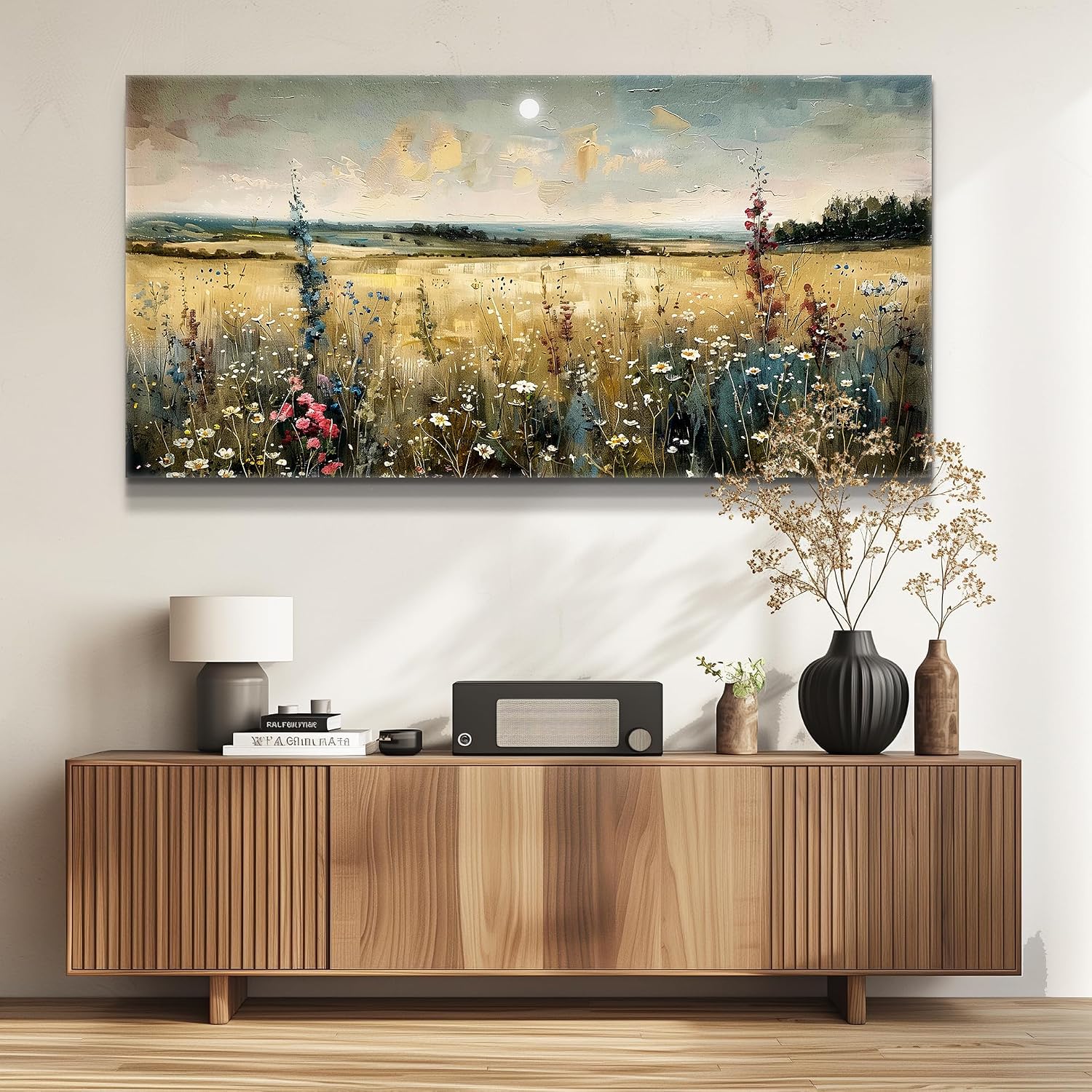 KELIYUAN Large Vintage Natural Field Landscape Painting Home Decor Farmhouse Vintage Meadow Wildflowers Modern Printed Artwork Living Room Decor Bedroom Office Can Be Hung Directly 30 X 60 Inches