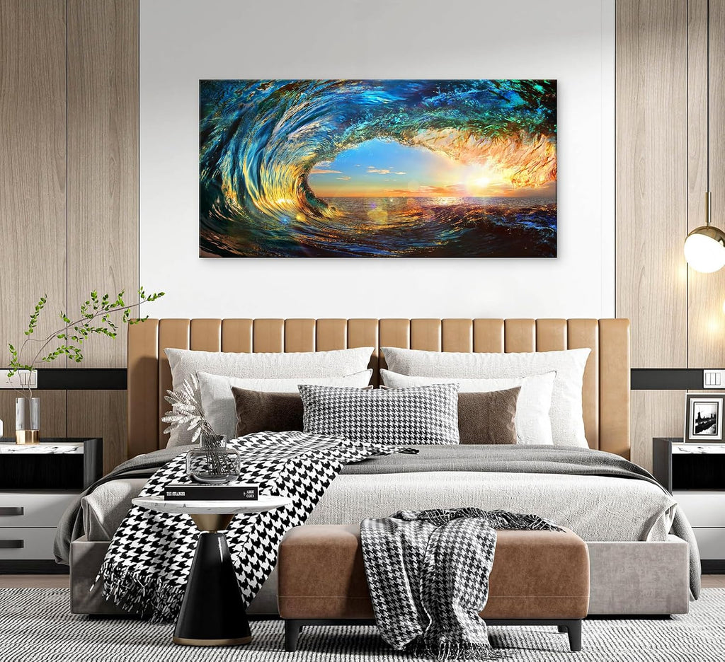 Cao Gen Decor Art S06798 Giant Wave Water Wall Art Canvas Prints 1 Panels Ocean Waves Pictures Paintings with Sunset Blue Seascape Framed for Living Room Bedroom Kicthen Office Artwork